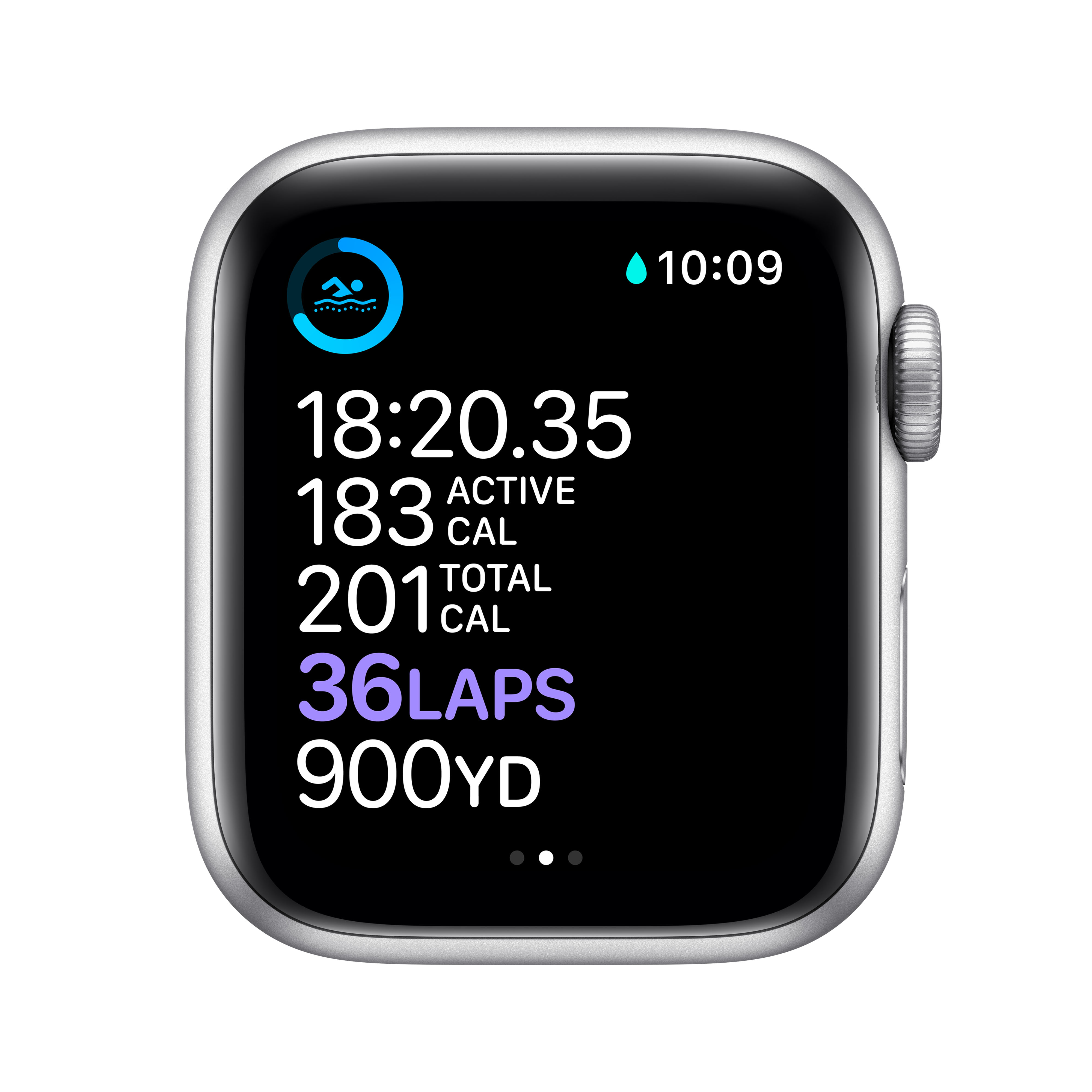 Silberne Apple Watch mit schwarzem Bildschirm, zeigt Workout-Statistiken. Zeigt Aktivitätsdaten.