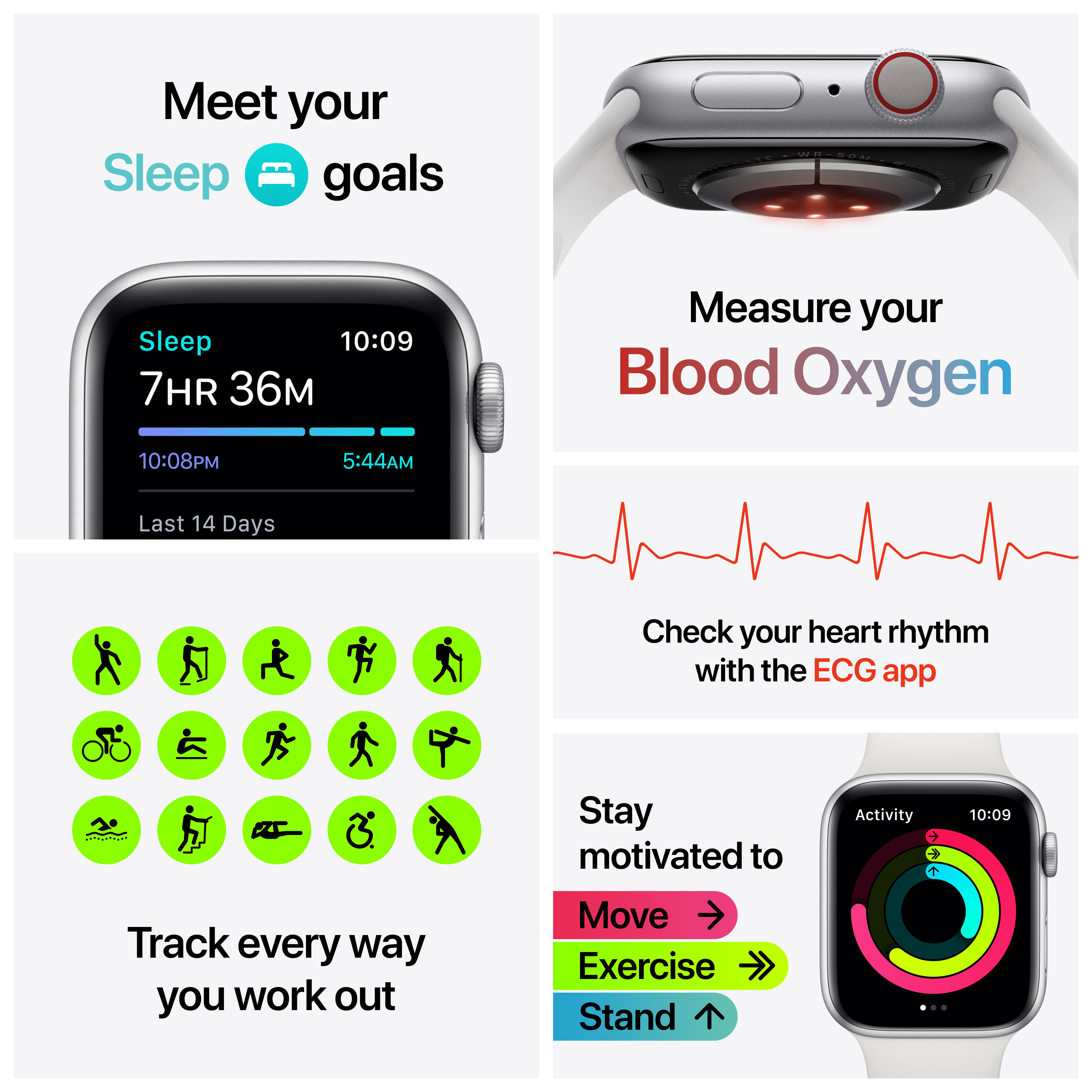 Imagen muestra funciones del Apple Watch: Sueño, Oxígeno en sangre, app ECG e iconos seguimiento ejercicio.