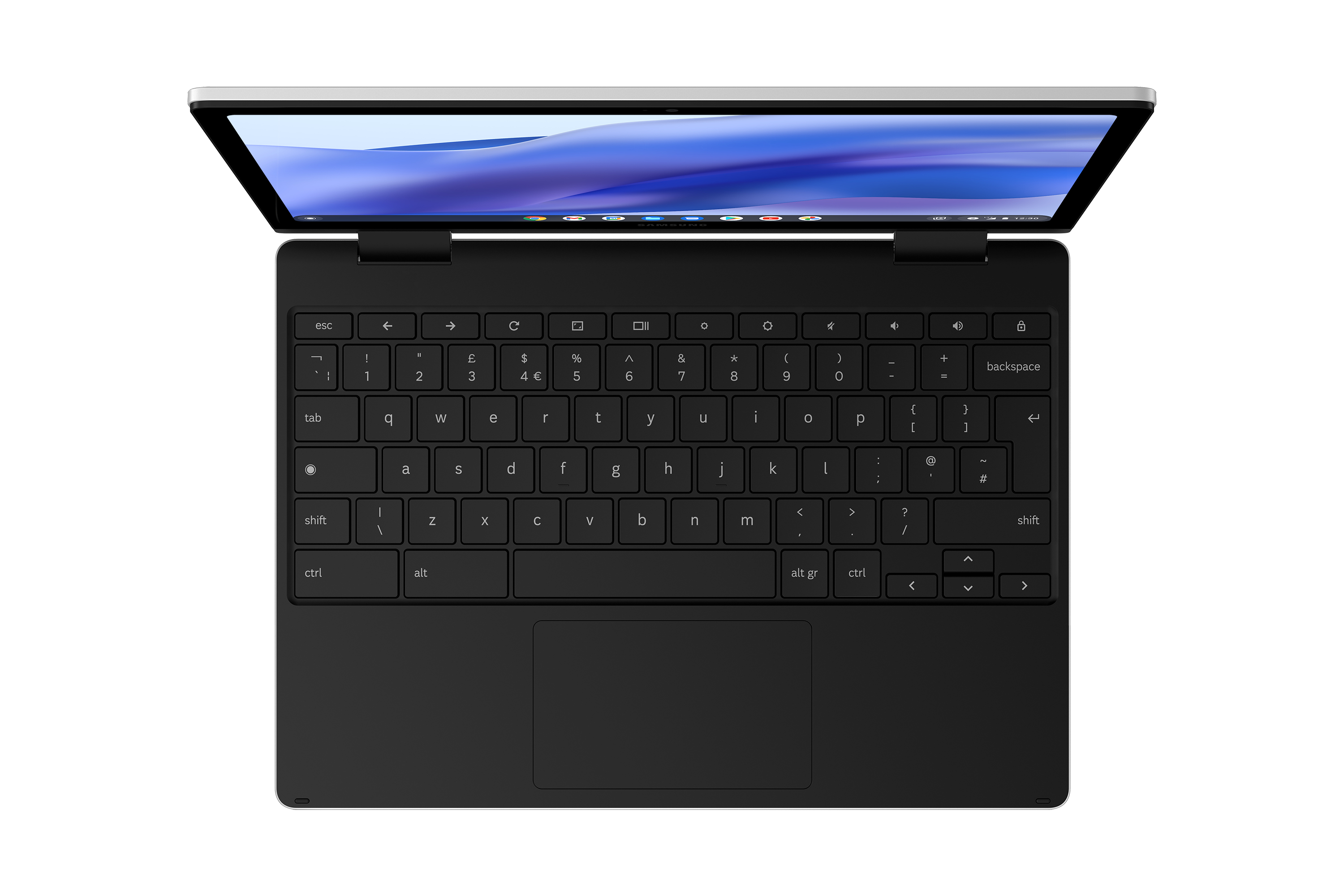 Otwarty laptop, widoczna klawiatura, czarne klawisze na czarnym tle, biała ramka, na białej powierzchni.