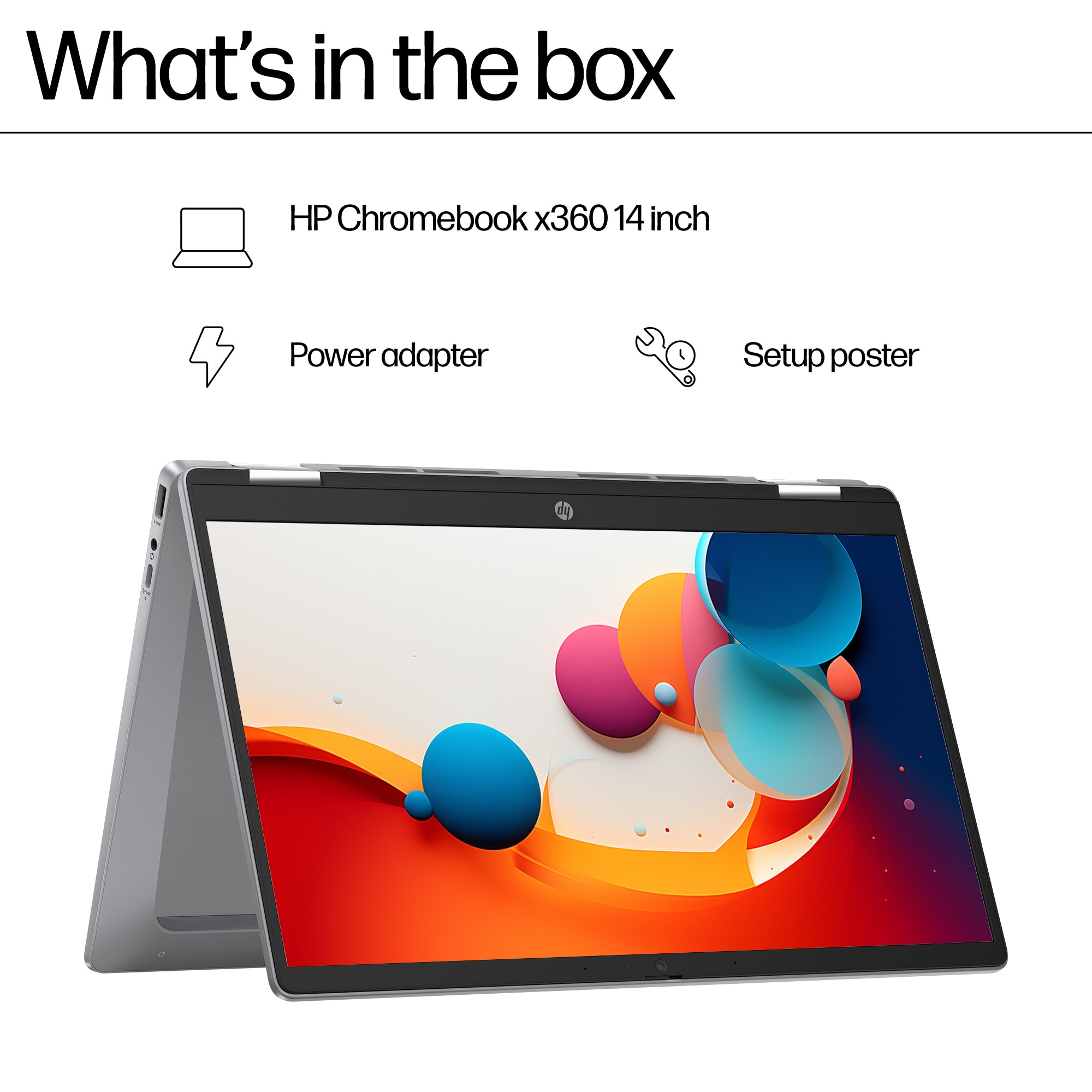 Contenuto della scatola del laptop: HP Chromebook, adattatore di alimentazione e poster di configurazione. Sfondo bianco.