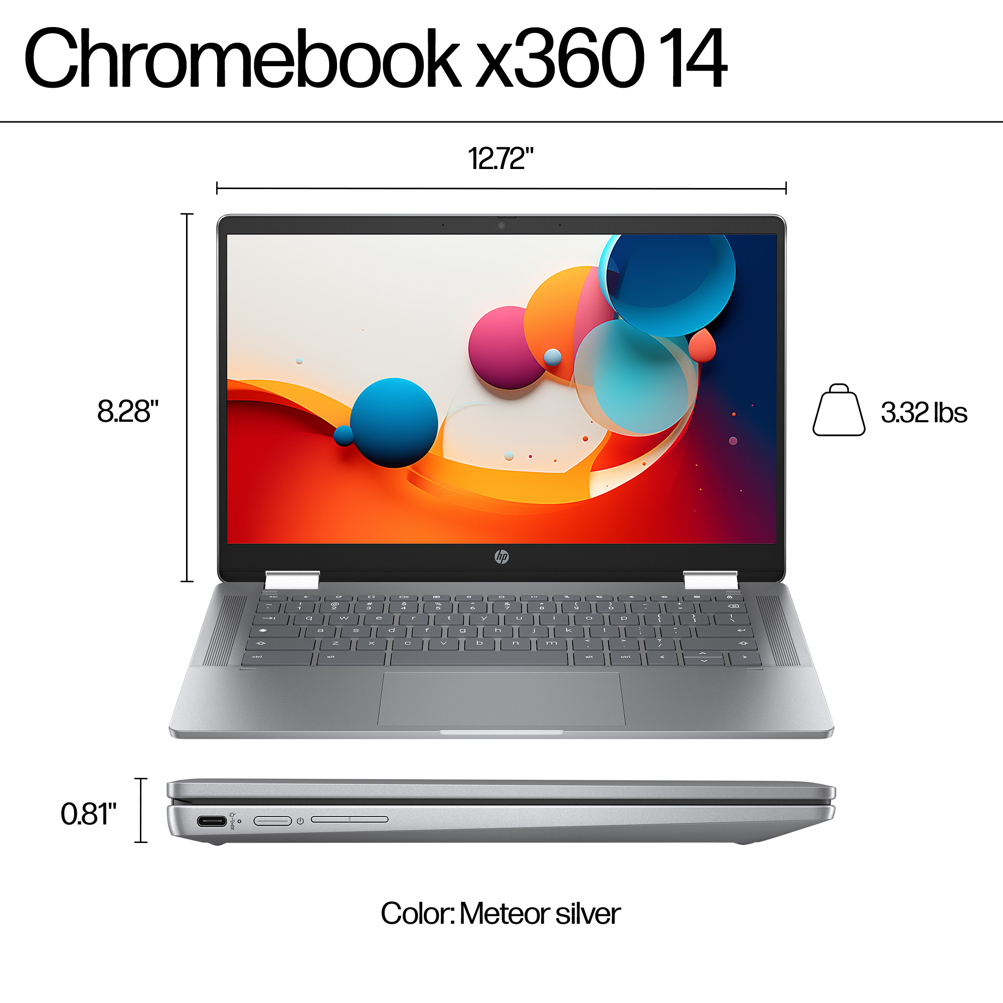 HP Chromebook x360 14, aperto. Dimensioni e peso visualizzati. Colore argento meteor. Sfondo bianco.