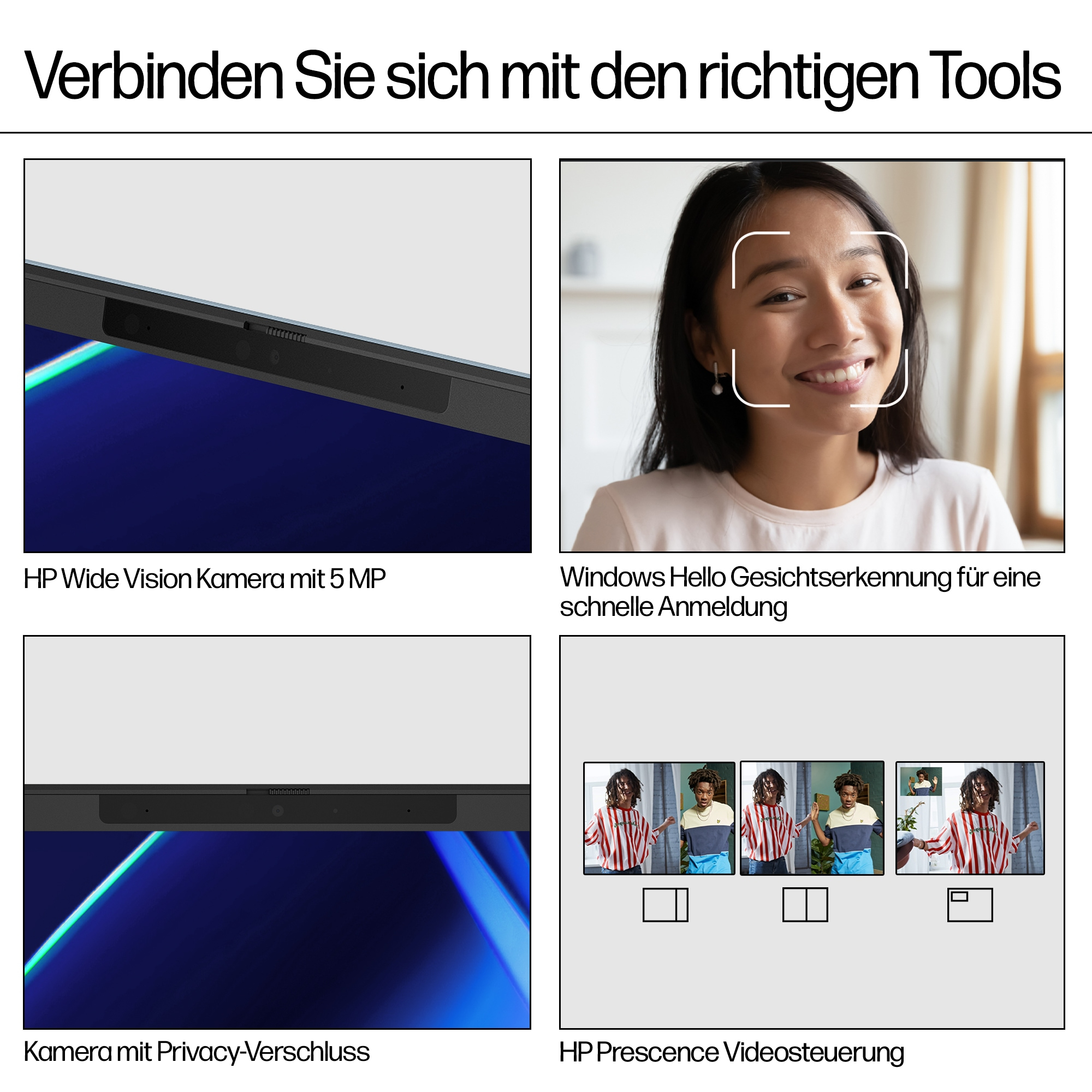 Obrazy pokazujące kamerę laptopa, Windows Hello, prywatność kamery i funkcje sterowania wideo. Białe tło.