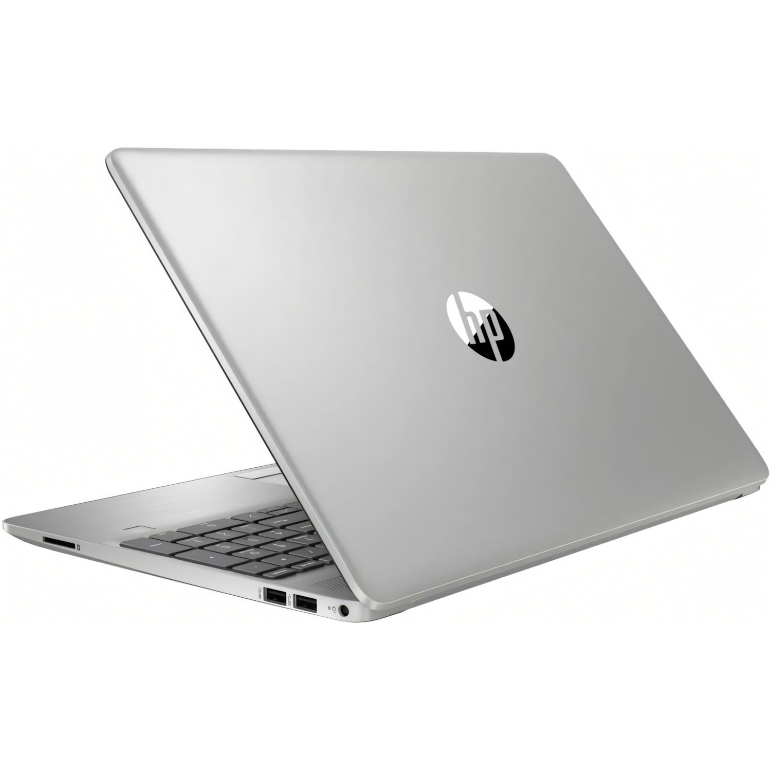 Laptop HP plateado, vista trasera, logo visible, sobre fondo blanco.