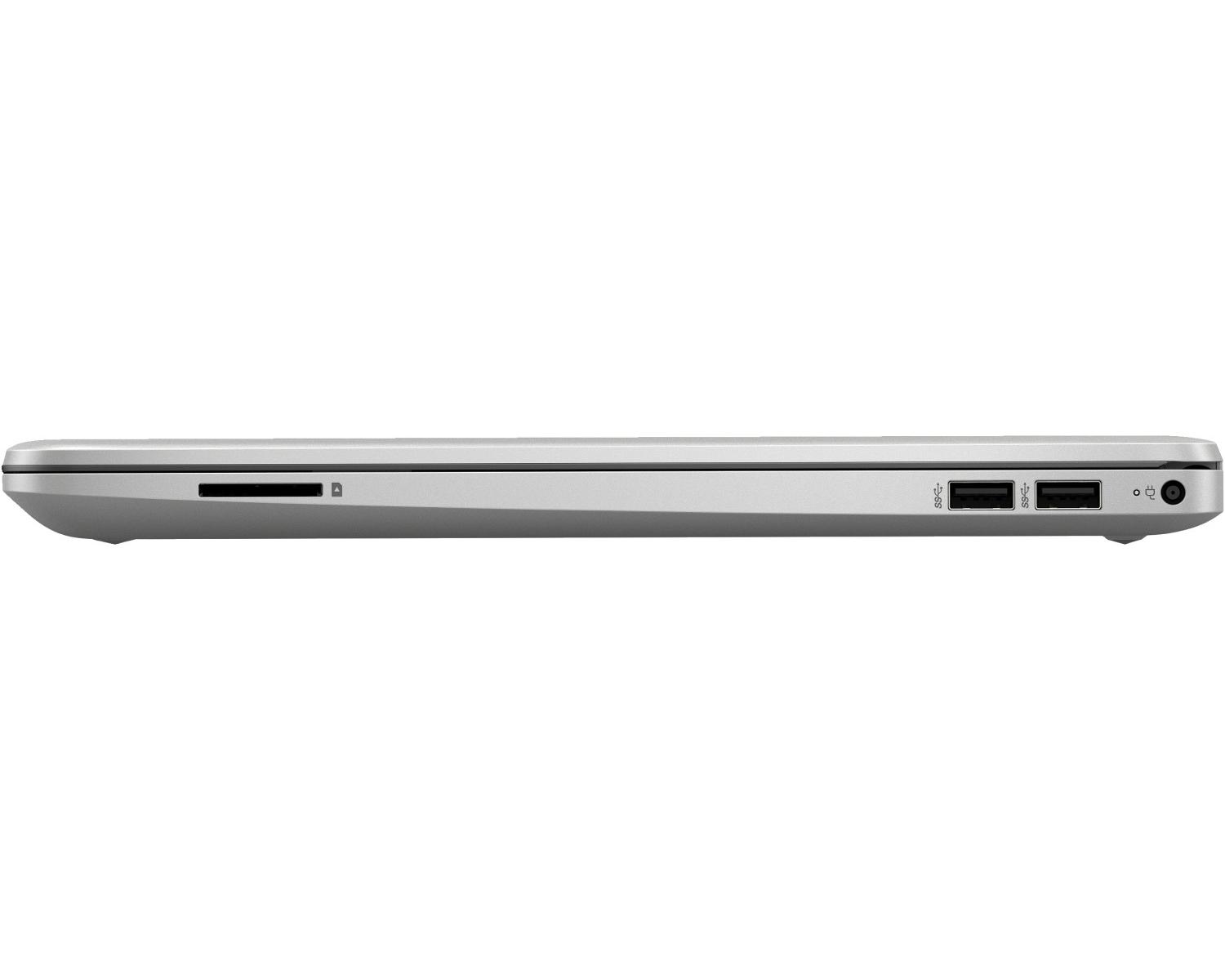Vista laterale di un laptop argentato. Mostra porte: slot per scheda SD, USB e jack per cuffie.