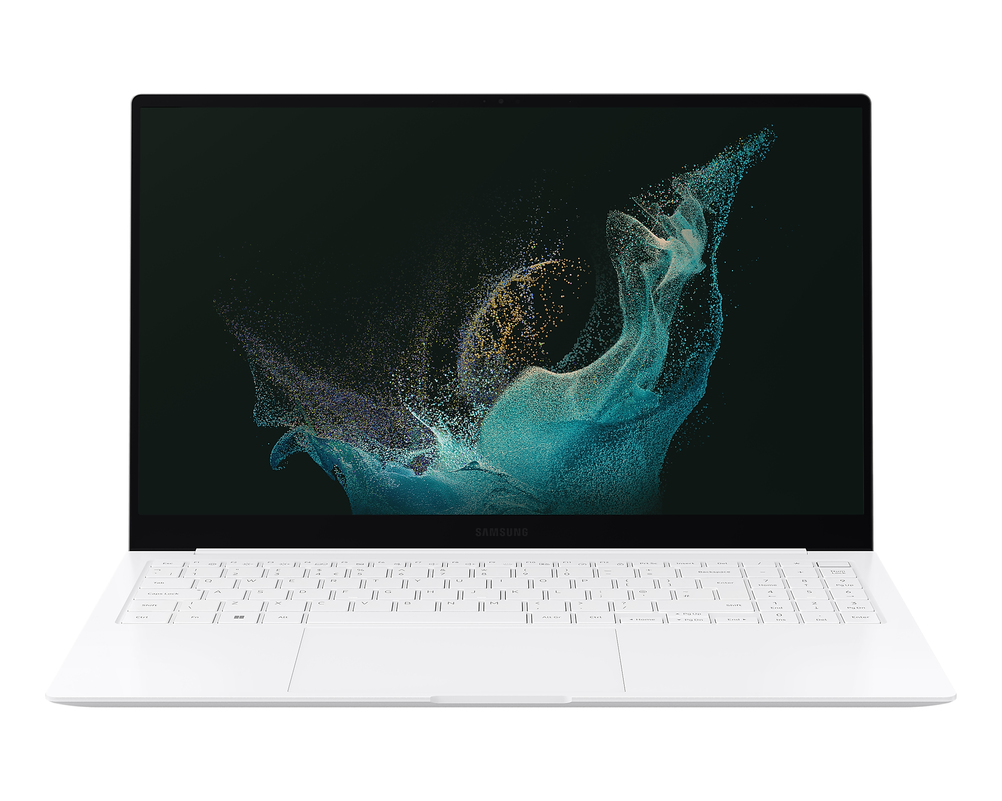 Laptop bianco con schermo che mostra un design astratto su sfondo scuro. Il laptop è aperto.