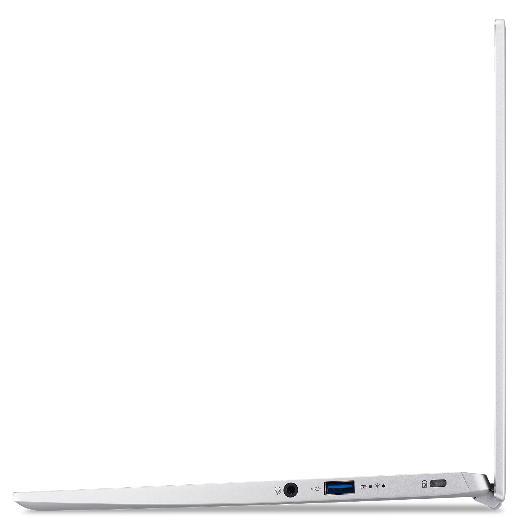 Zijaanzicht van een zilveren Acer laptop, poorten zichtbaar. Witte achtergrond.