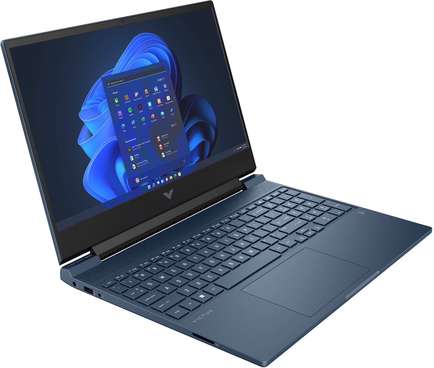 Niebieski laptop z interfejsem Windows. Czarna ramka, niebieska klawiatura i gładzik.