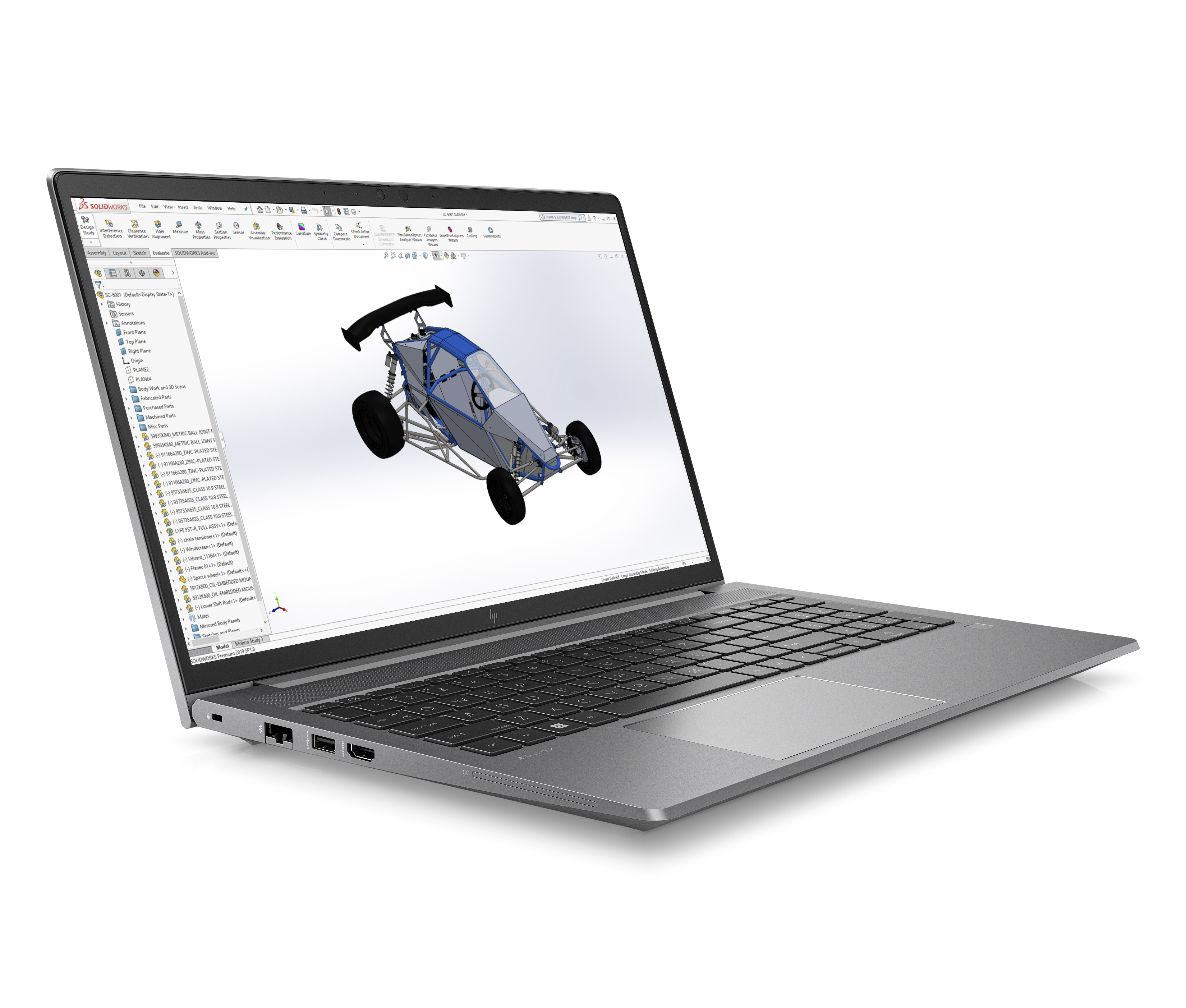 A silver laptop showing a 3D model of a car. It is on a white background, open.