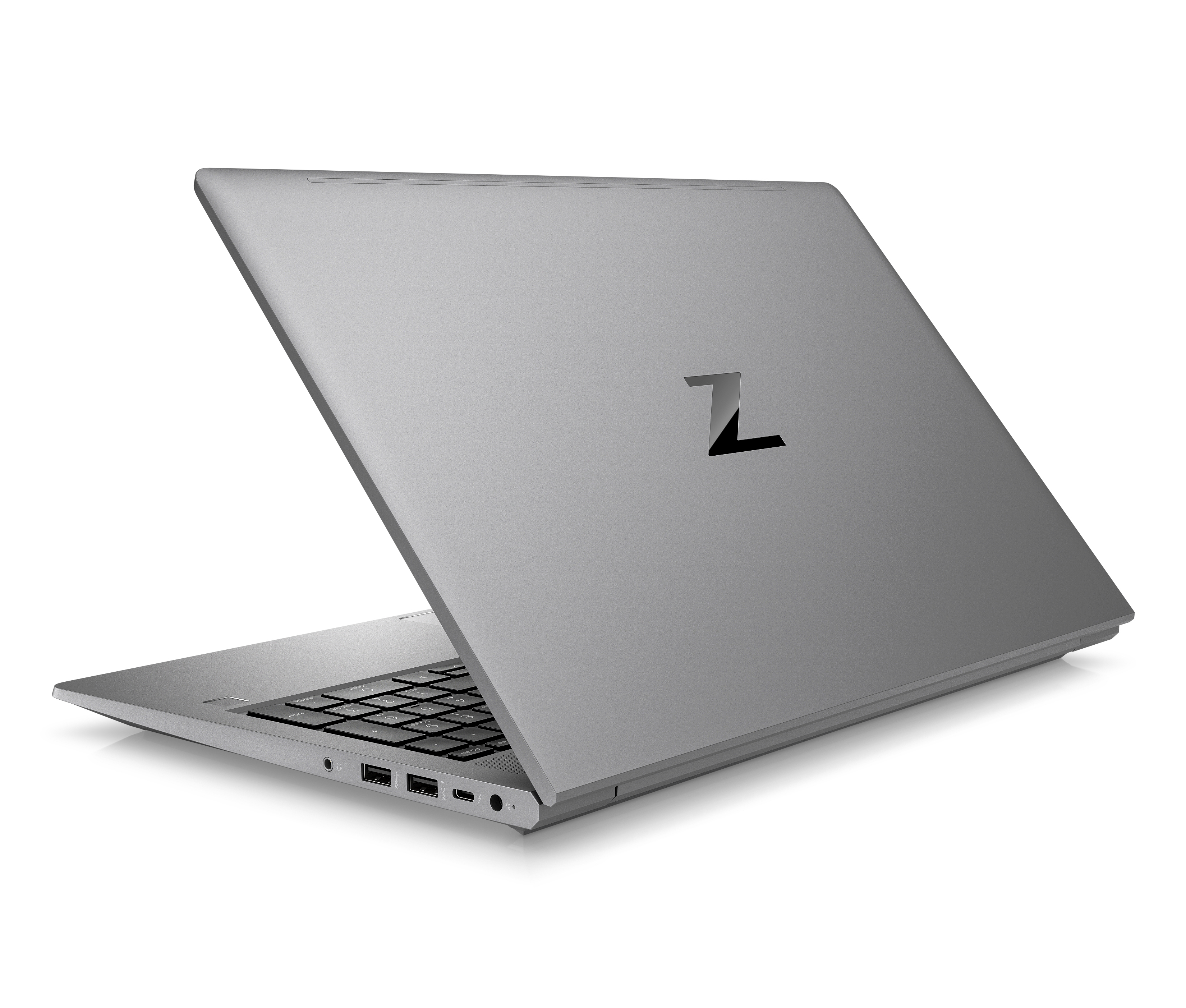 Silver laptop back, open. Black logo. White background.