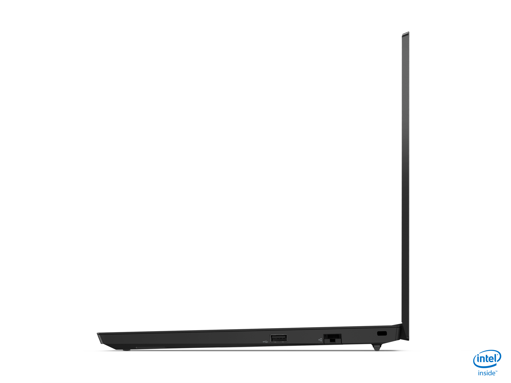 Schwarzer Lenovo Laptop Seitenansicht. Zeigt Anschlüsse und Dicke. Weißer Hintergrund.