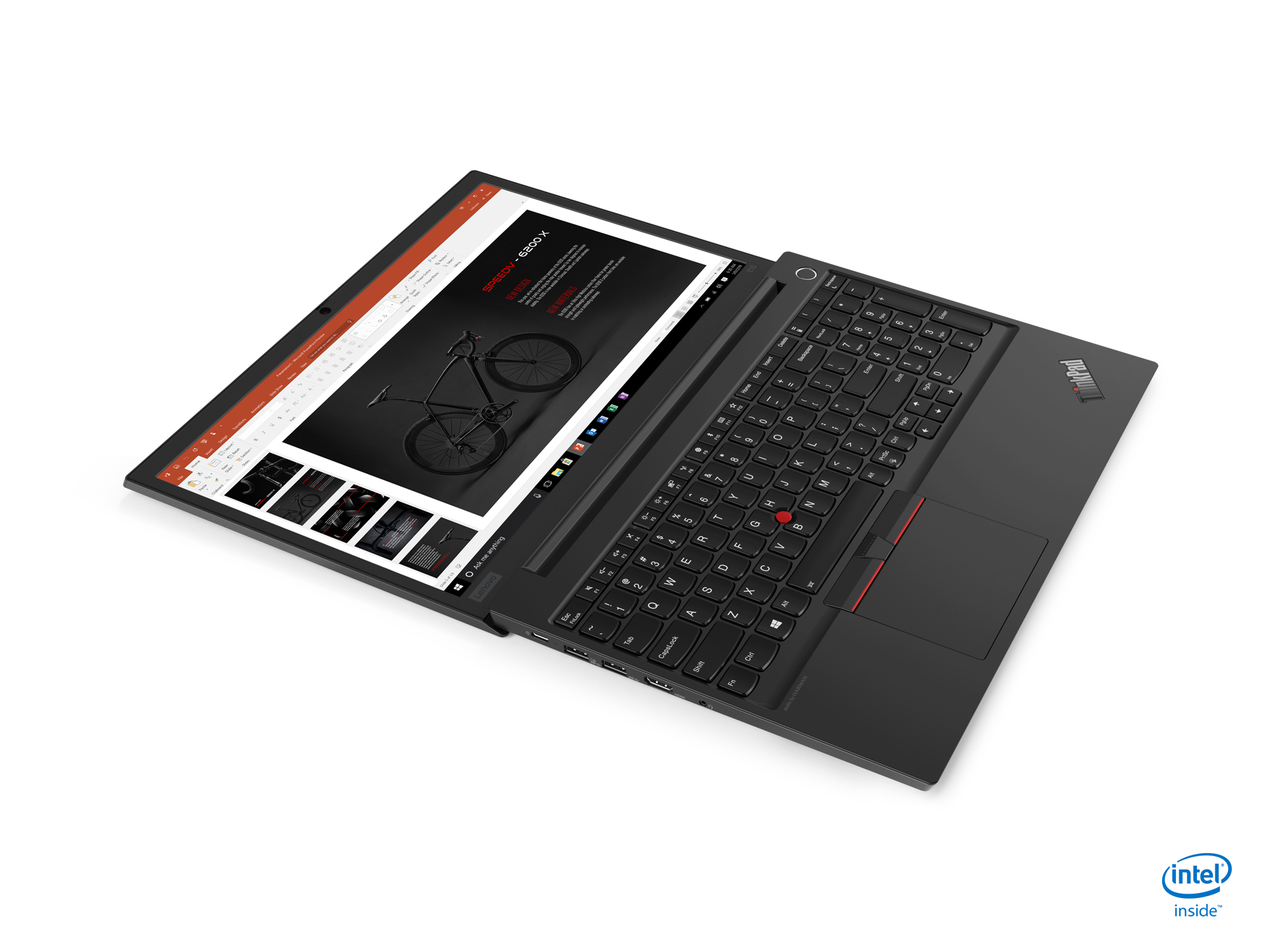 Schwarzer Lenovo ThinkPad Laptop geöffnet, zeigt eine Präsentation. Bildschirm und Tastatur sind deutlich sichtbar.