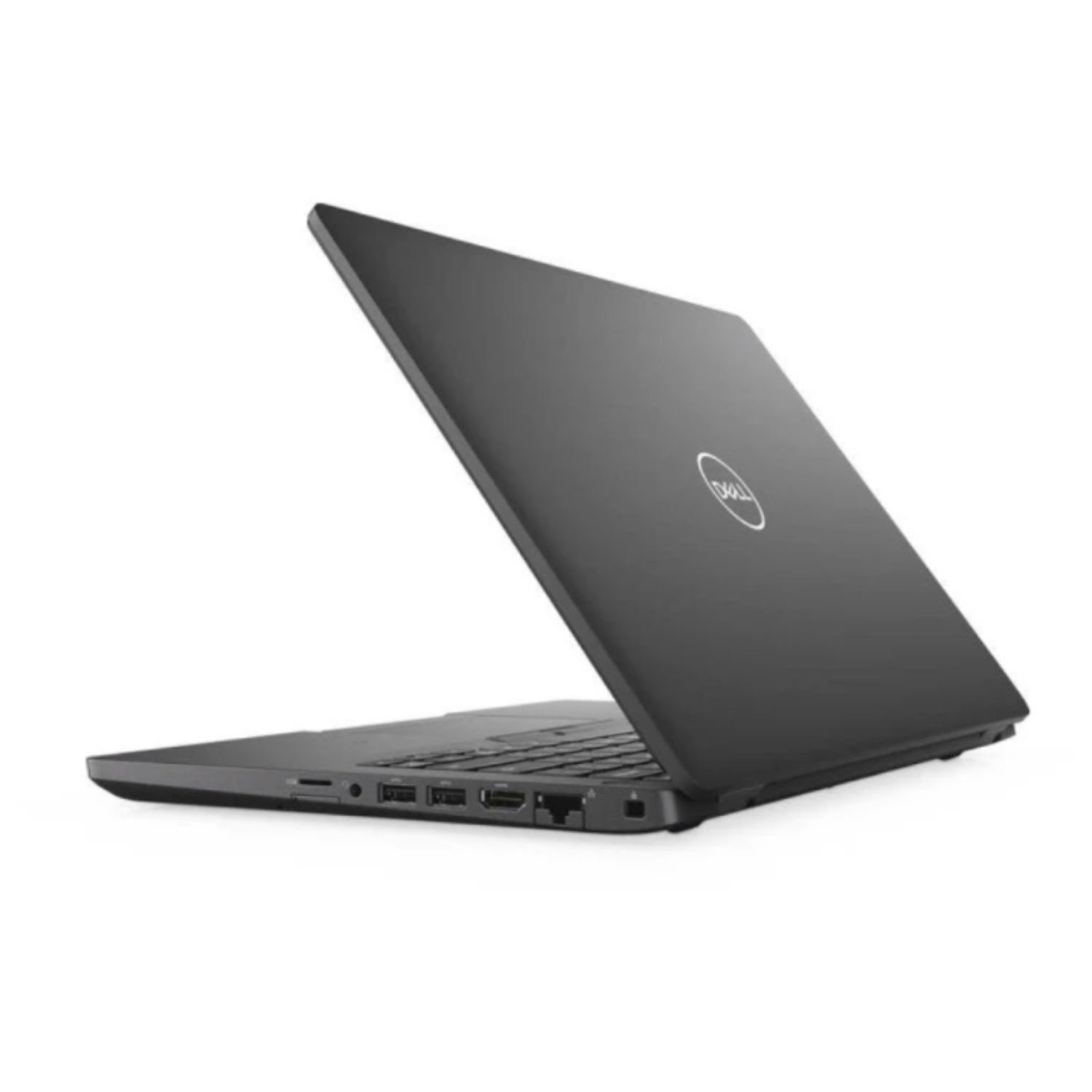 Un portátil negro con el logotipo de Dell sobre un fondo blanco.