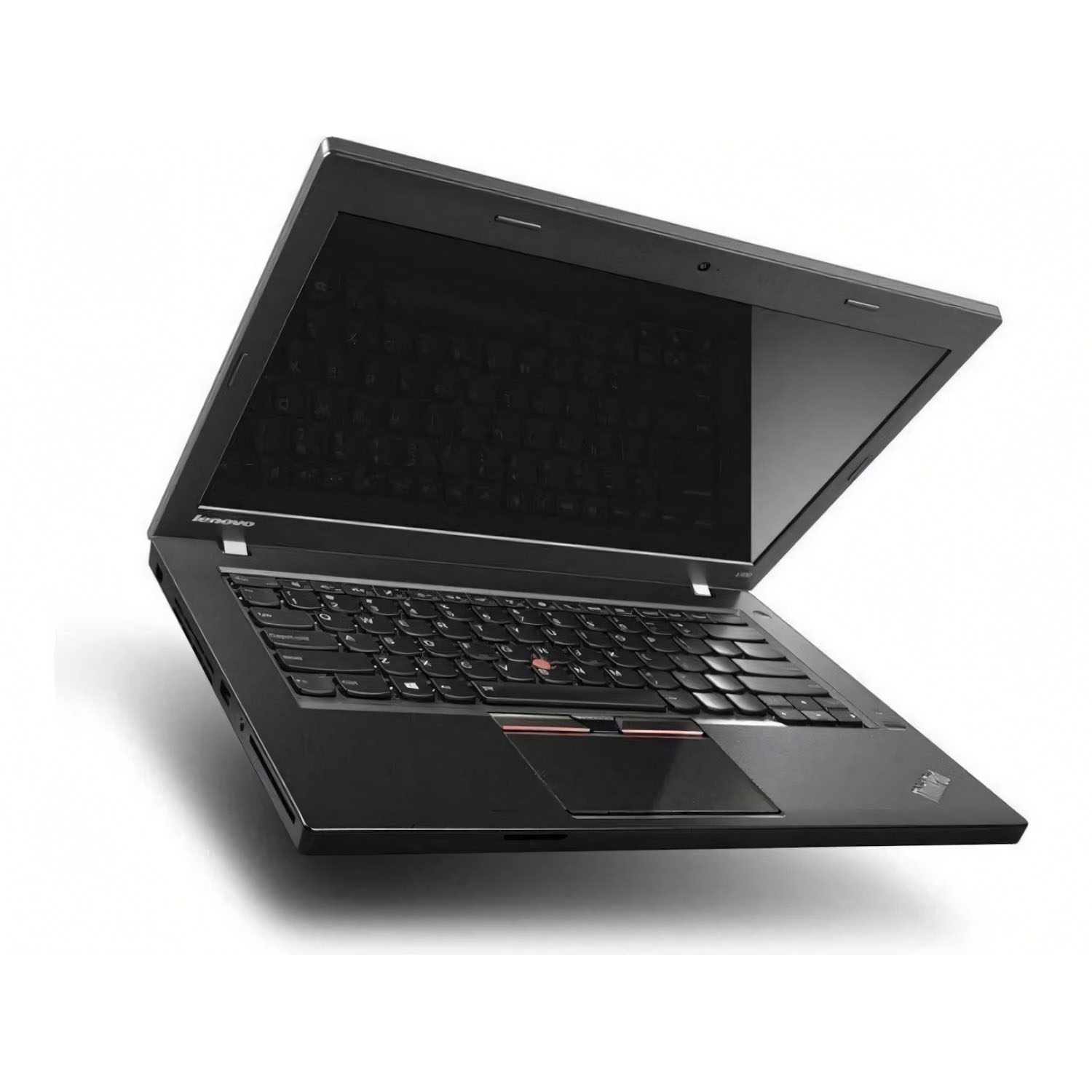 Laptop Lenovo ThinkPad negro abierto en ángulo. Teclado negro con trackpoint rojo. Pantalla negra. Fondo blanco.