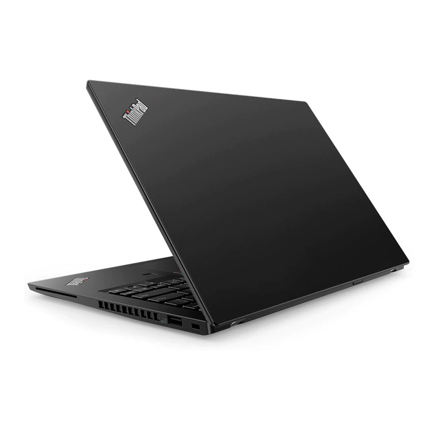 Portátil negro Thinkpad, ligeramente abierto, sobre fondo blanco.