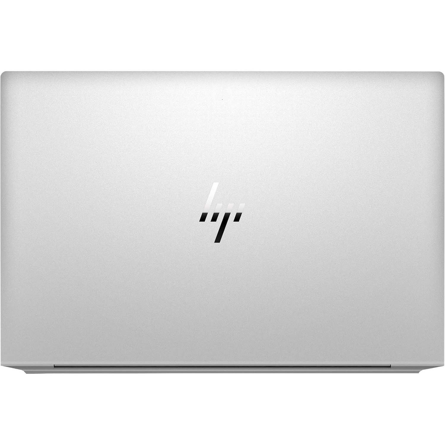 Tapa de portátil HP plateada cerrada. El logotipo de HP es visible en una superficie plateada.