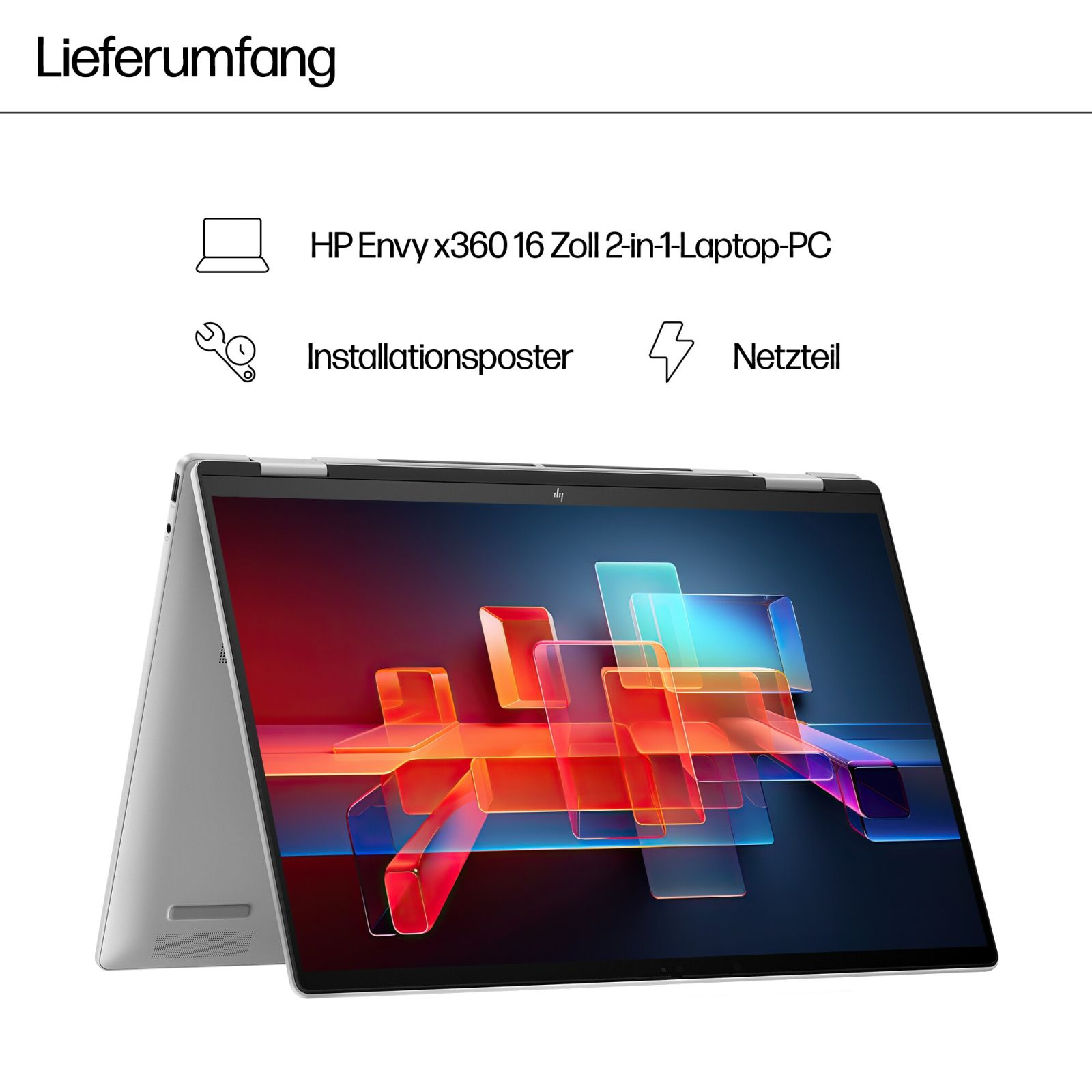 Srebrny laptop HP Envy otwarty, pokazujący kolorowy abstrakcyjny obraz.