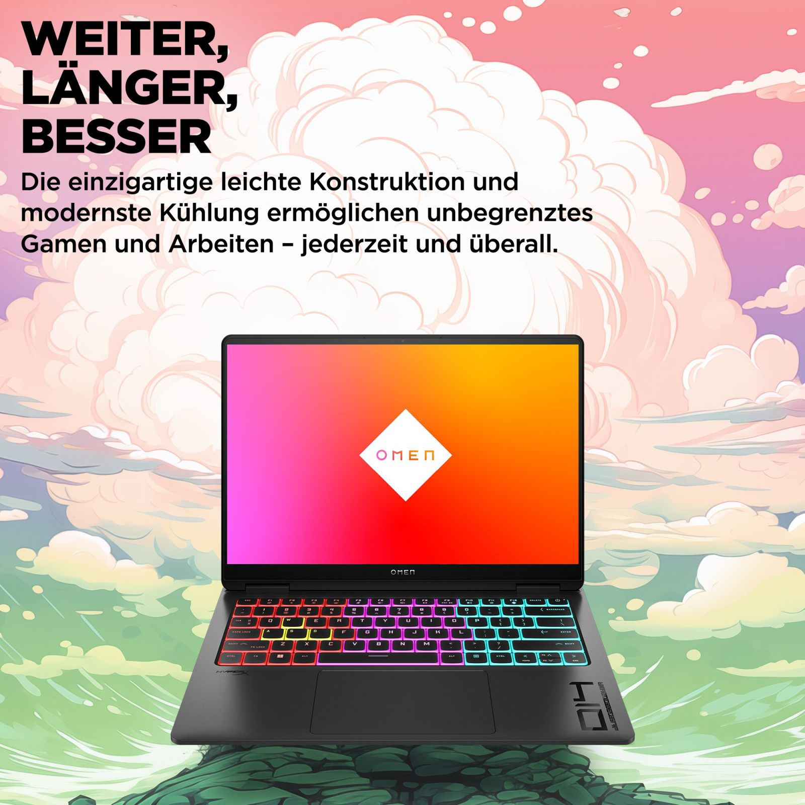 Otwarty czarny laptop do gier OMEN, podświetlana klawiatura, z kolorowym tłem nieba.