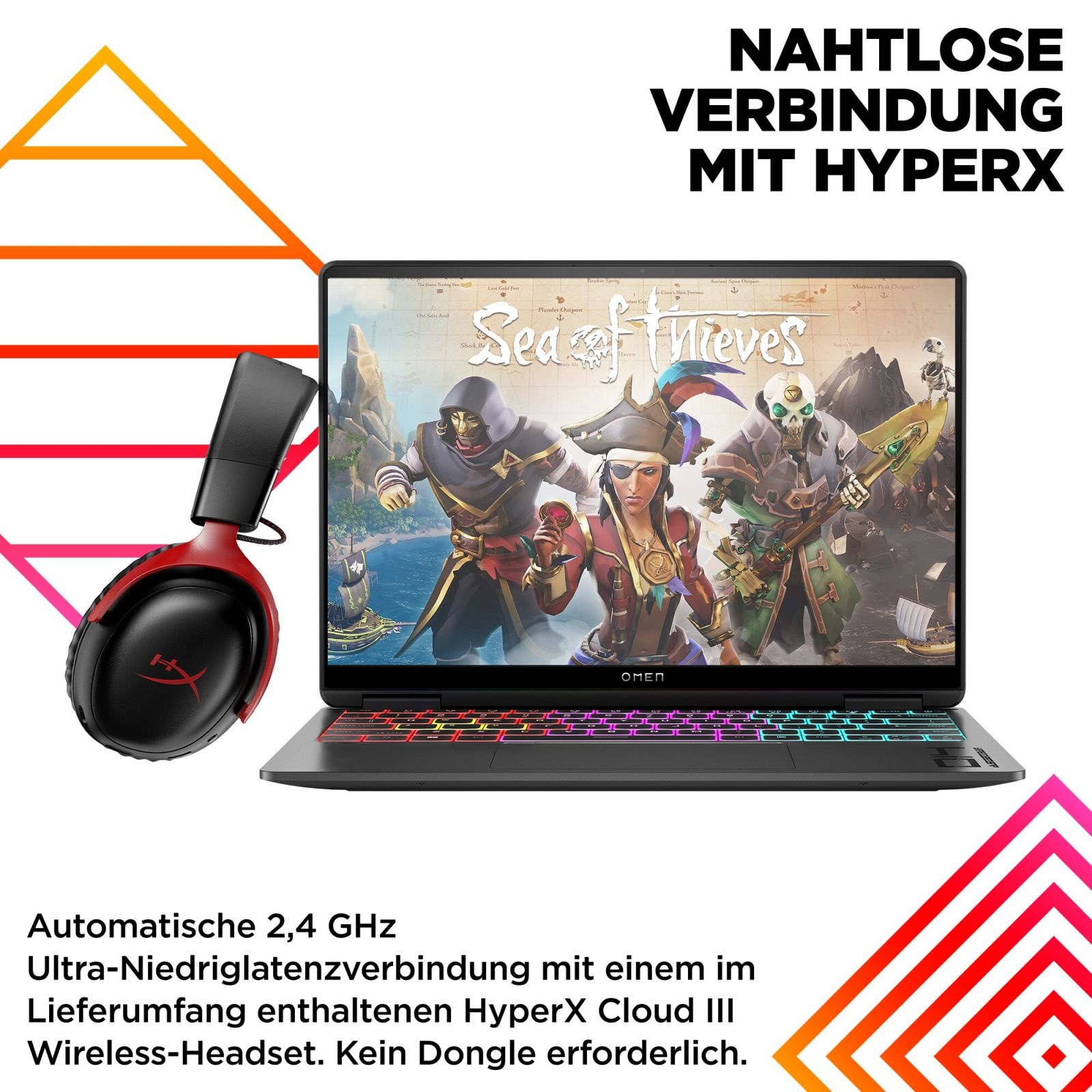 Laptop z grą. Zestaw słuchawkowy po lewej. Tło z kolorowymi kształtami.