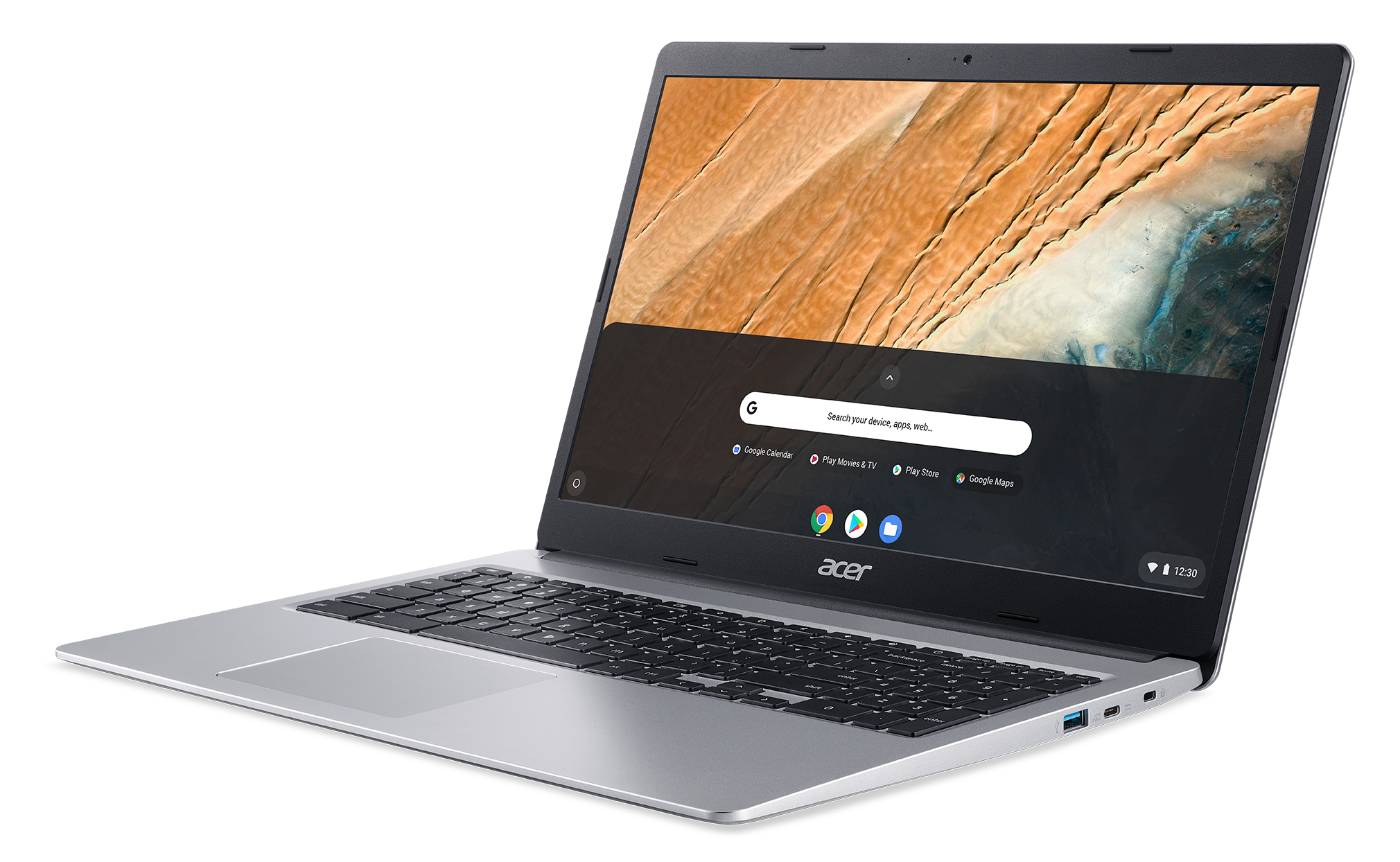 Laptop Acer argentato aperto su sfondo bianco, mostra un'immagine simile a un deserto sullo schermo e una barra di ricerca Google.