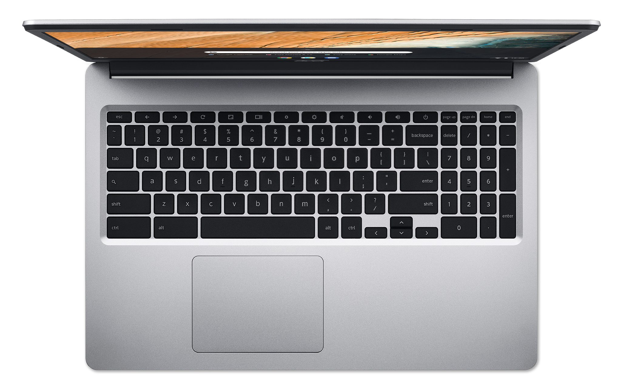 Laptop Acer argentato, vista dall'alto su sfondo bianco, mostra tastiera e trackpad.