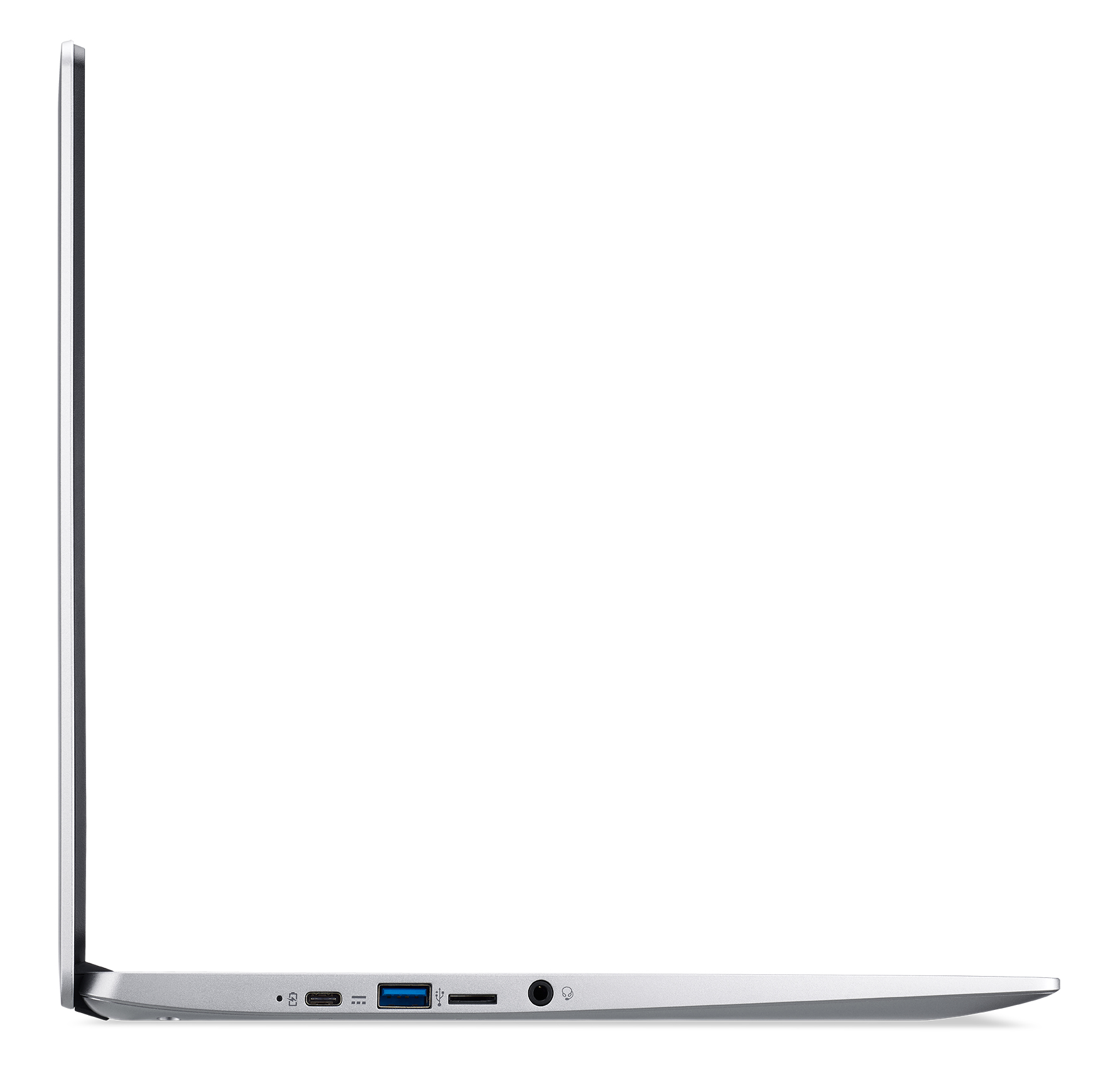 Laptop argentato, vista laterale su sfondo bianco. Il lato mostra porte e un design sottile.