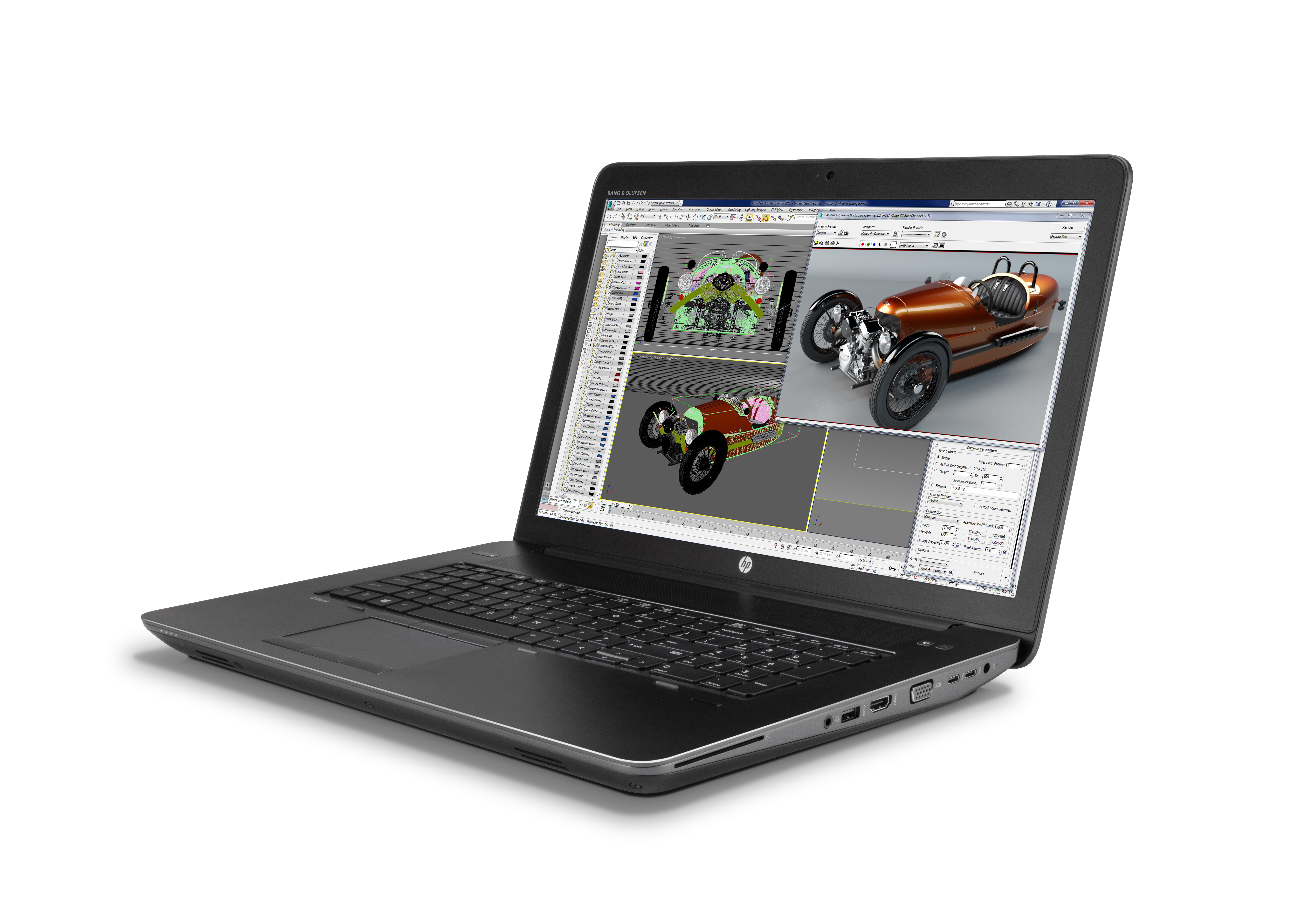 Portátil HP negro mostrando software de modelado 3D. Modelo de coche y dibujos técnicos en pantalla.