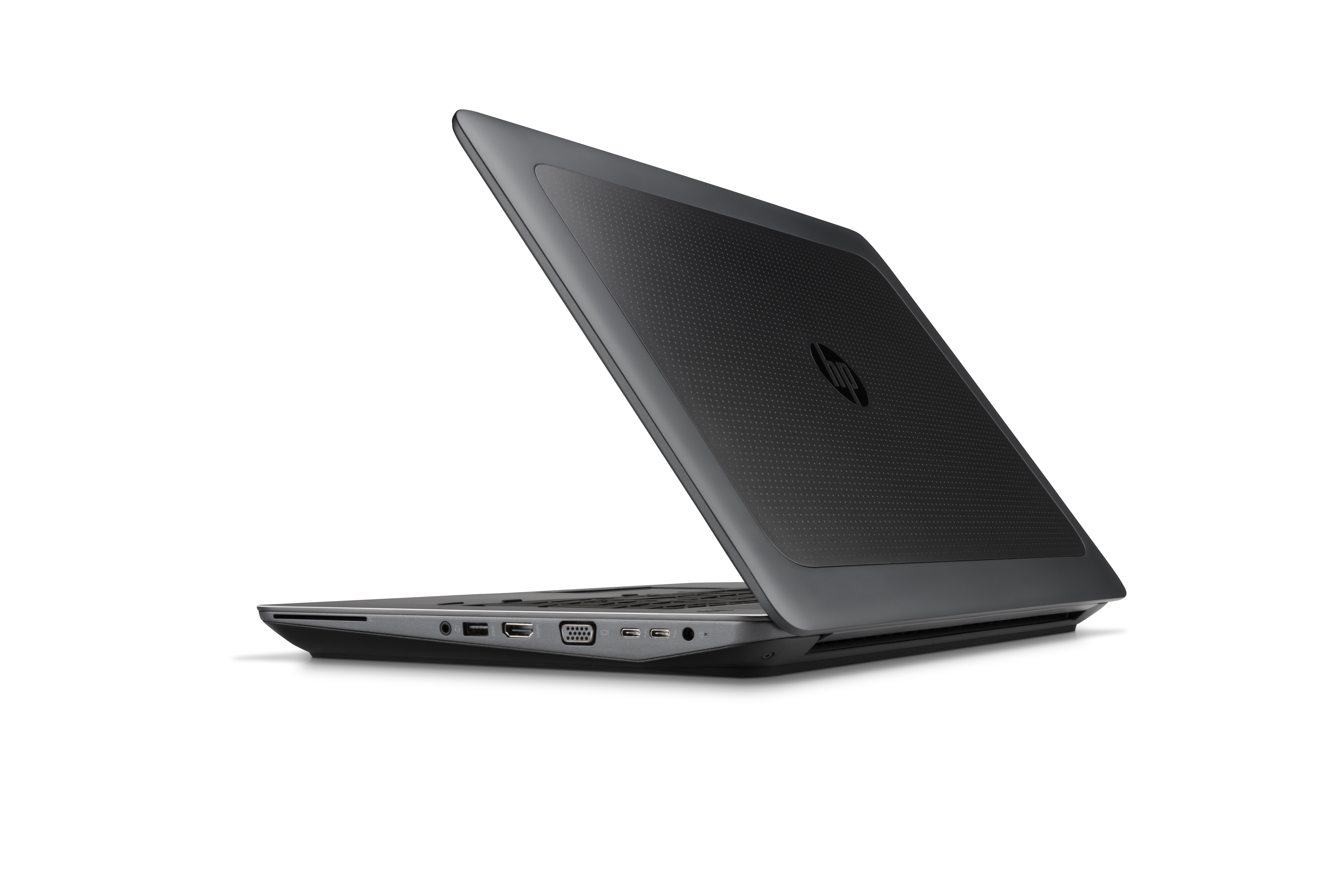 Portátil HP negro, vista trasera, abierto en ángulo. Superficie con patrón texturizado, con logo HP.