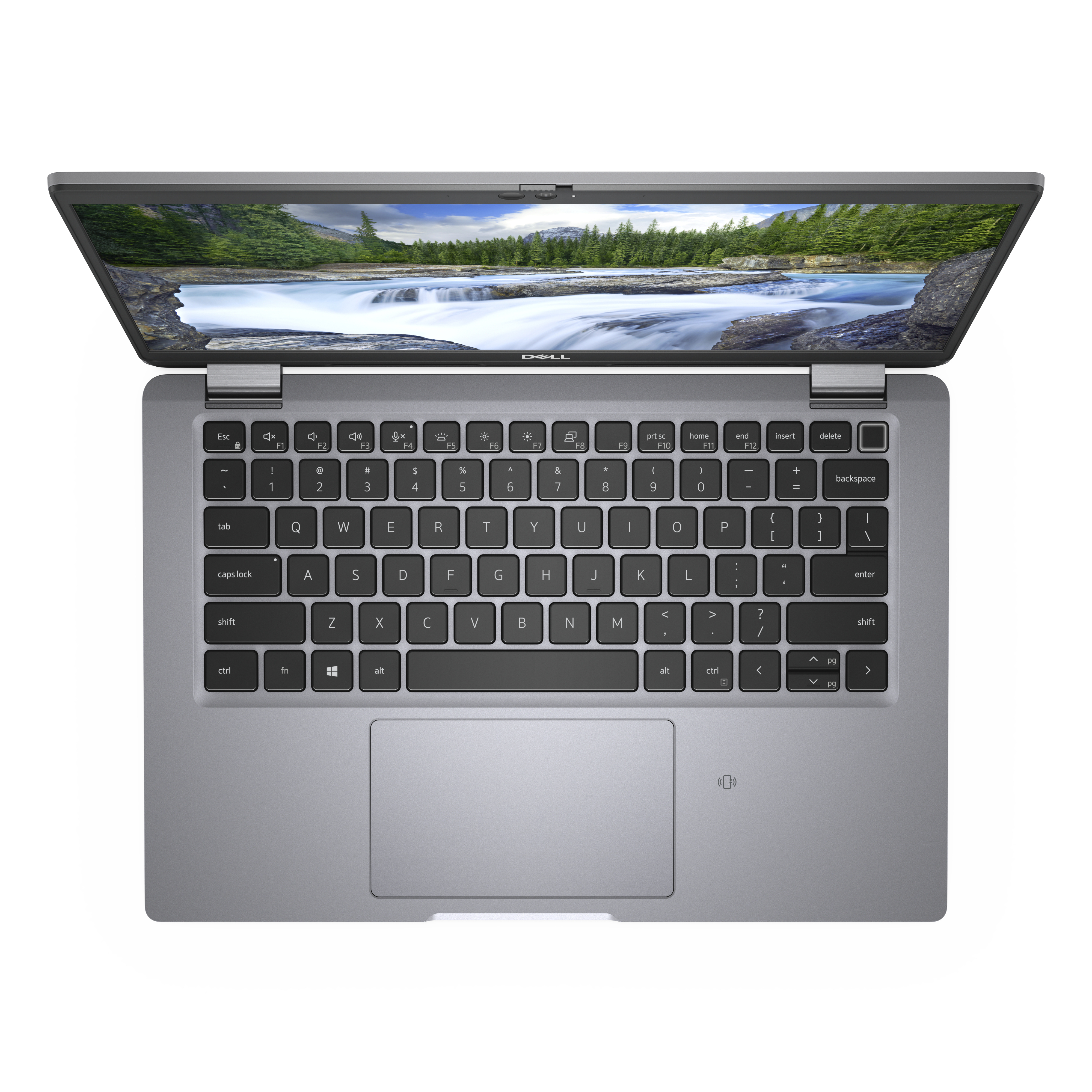 Schwarzer Dell Laptop, Draufsicht. Tastatur und Touchpad sichtbar. Bildschirm ist geöffnet.