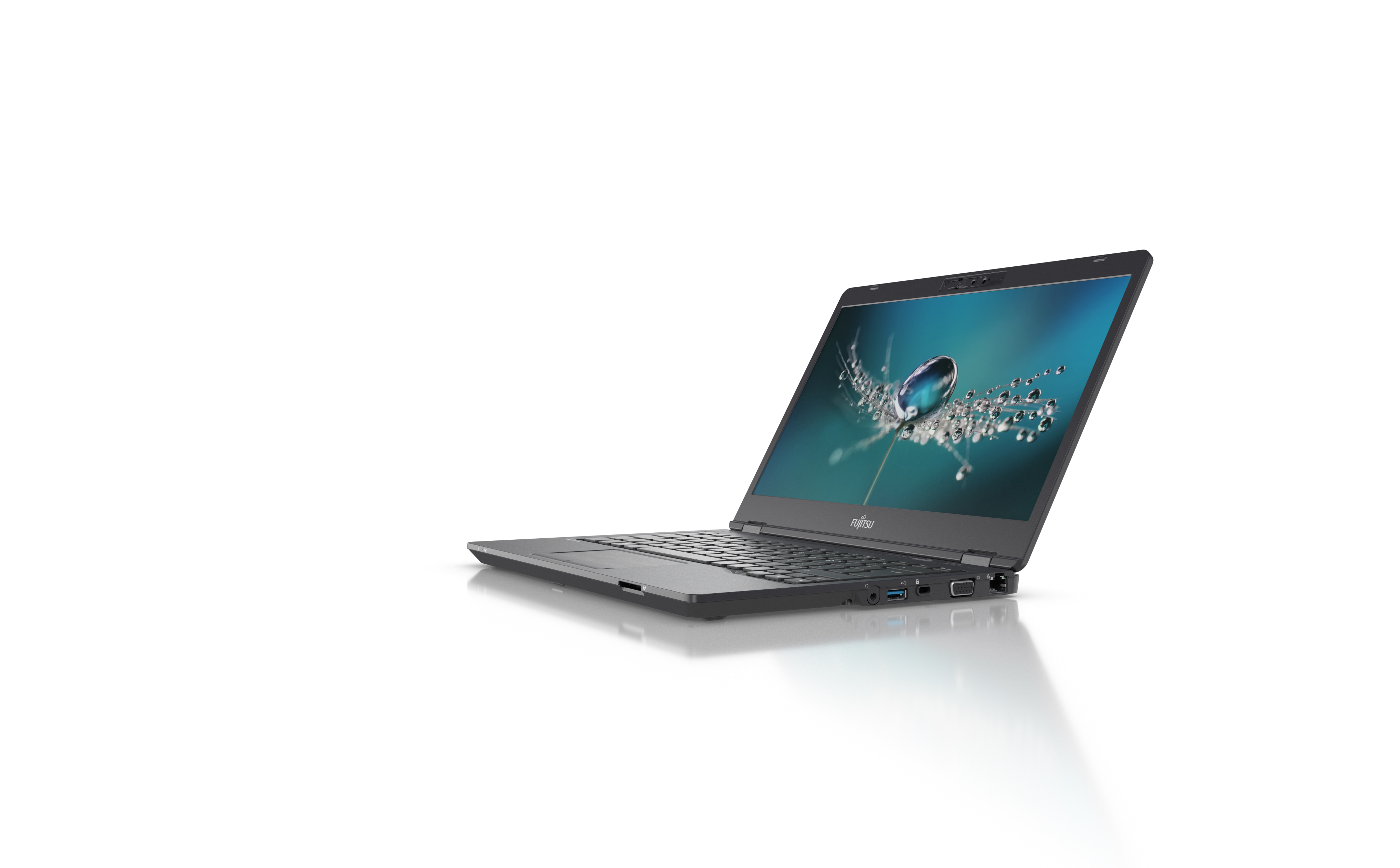 Laptop open, screen shows water droplet image. Dark gray, angled view, white background.
