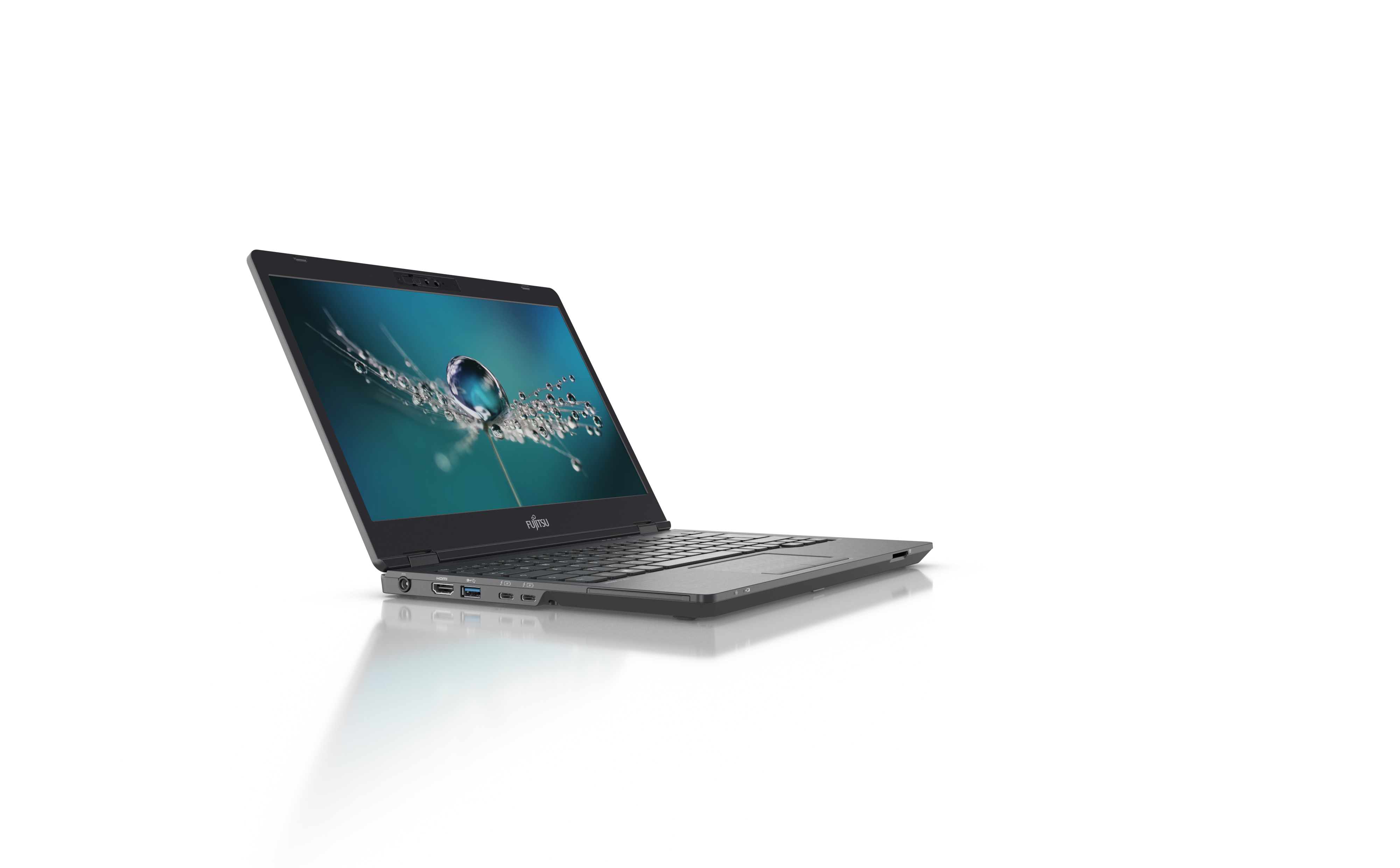 A dark laptop is open, showing a screen with a water droplet design. White background.