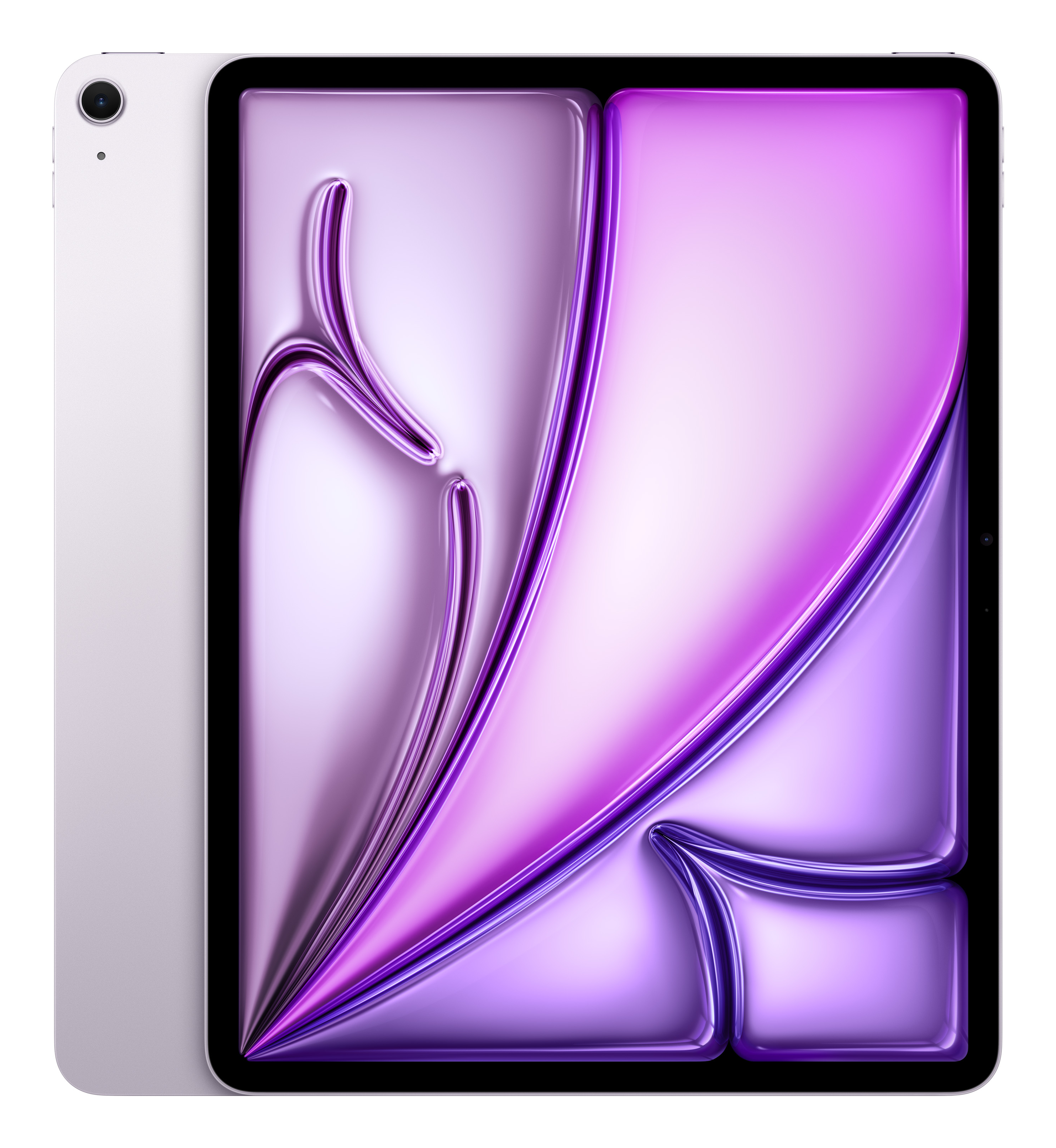 Tablet con retro bianco e schermo con un design astratto viola. Il fronte è nero. Fotocamera in alto.