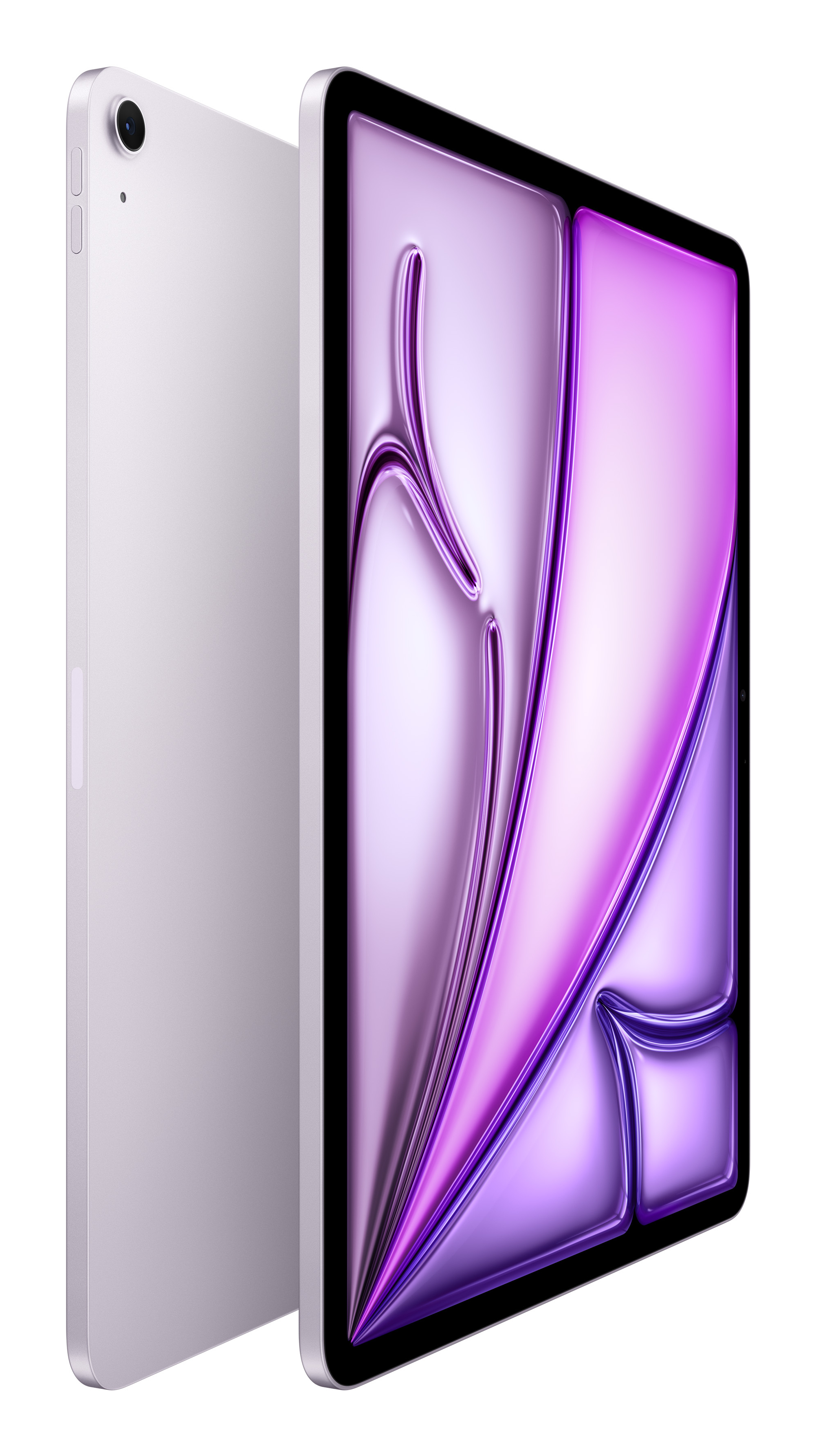 Due tablet, color lavanda. Il fronte mostra arte astratta. Un retro è a sinistra. Entrambi su sfondo bianco.