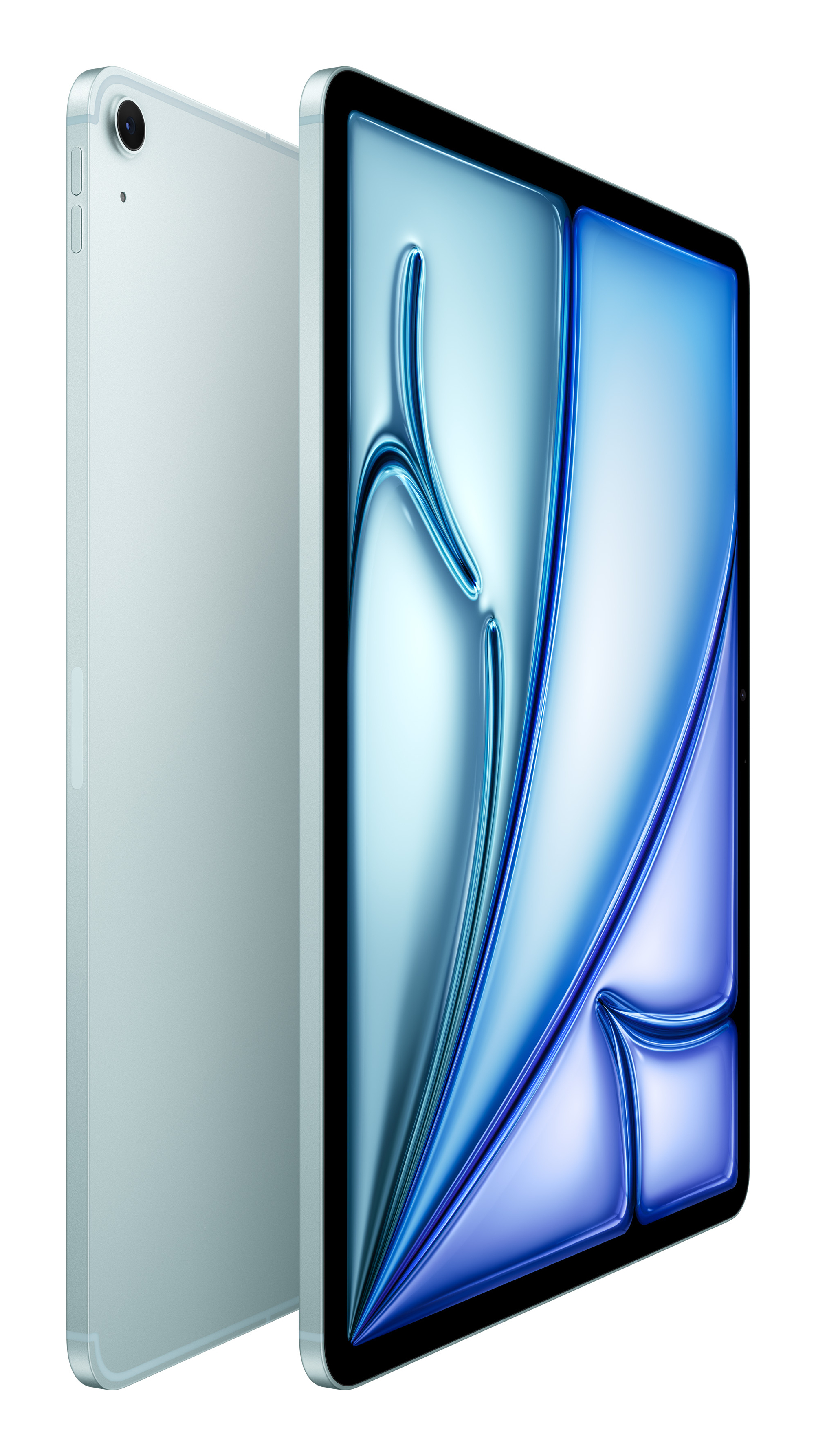 Due tablet, azzurro chiaro. Il fronte mostra arte astratta. Un retro è a sinistra. Entrambi su sfondo bianco.