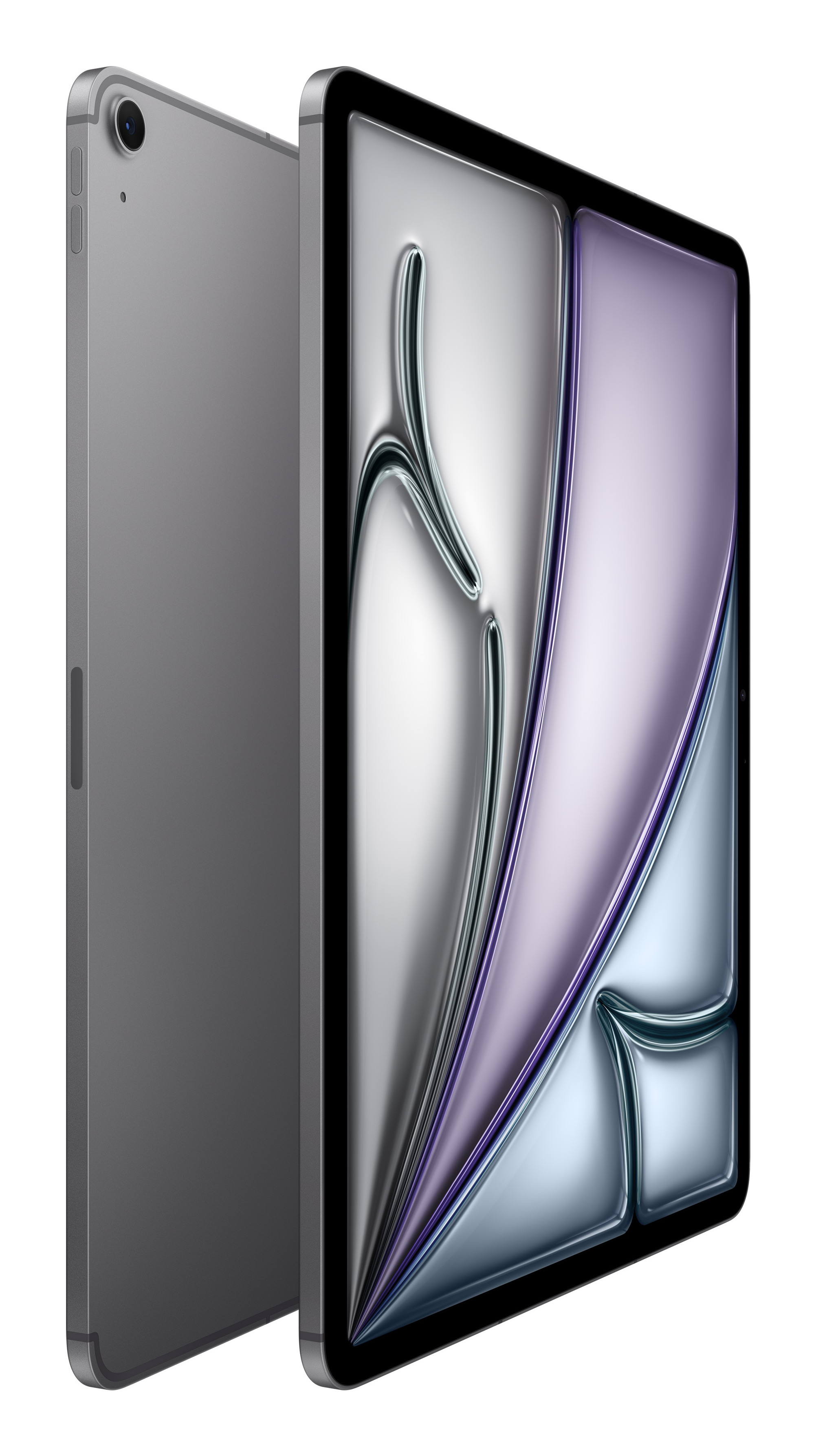 Tablet grigio, vista laterale, con schermo viola e bianco.