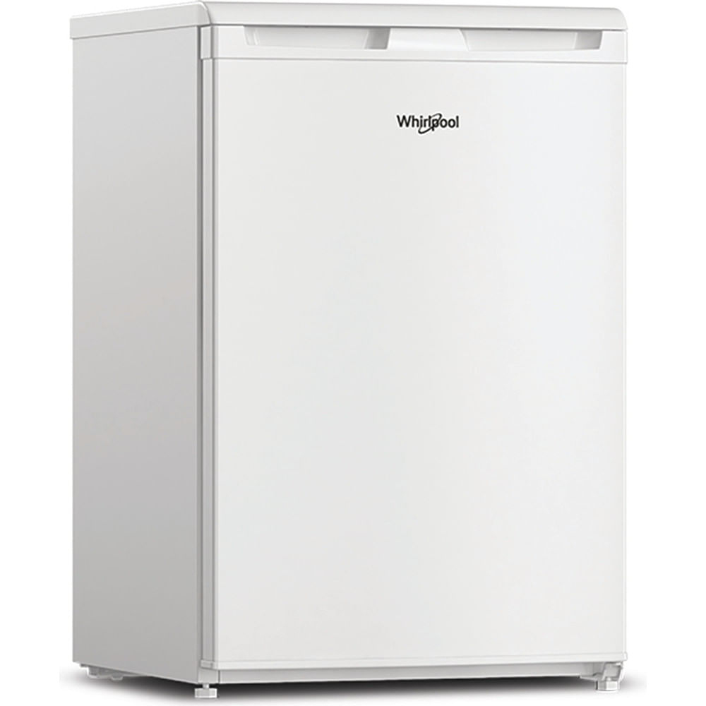 A white mini-fridge with the Whirlpool logo. It has a top handle and sits on a white surface.