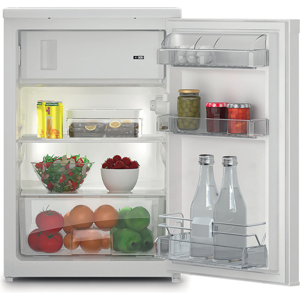 An open refrigerator with food items inside, showing its interior.