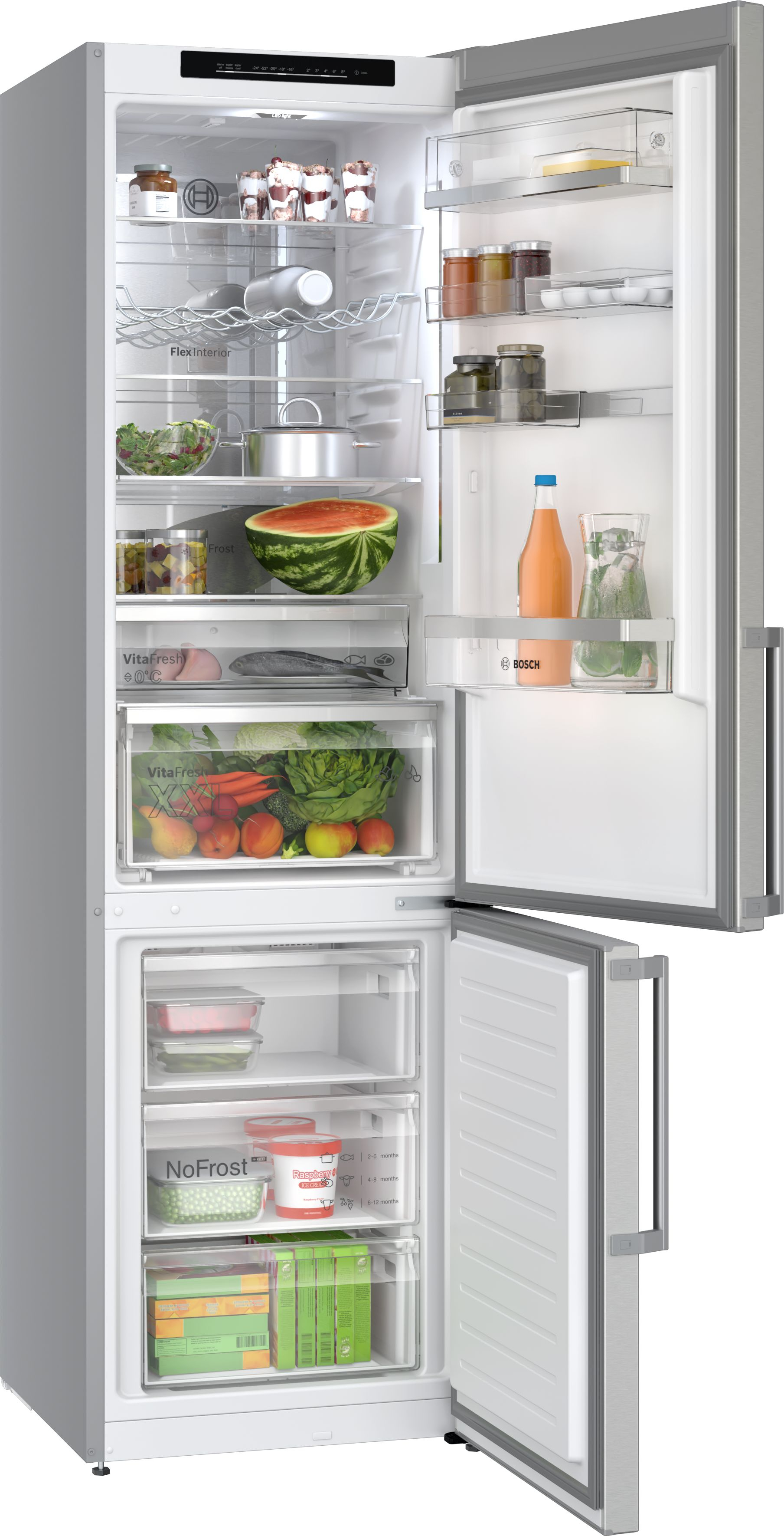 Un frigorifero con la porta aperta che rivela ripiani pieni di generi alimentari.