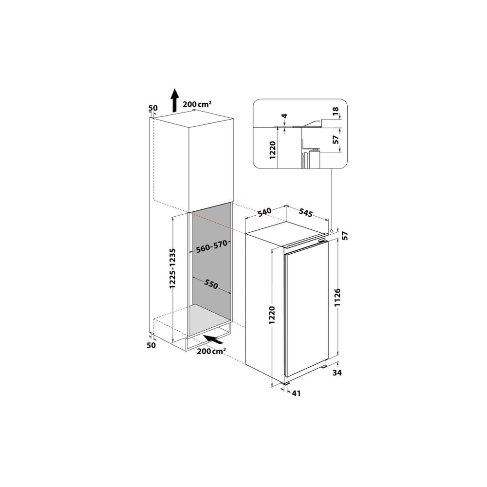 Disegno tecnico con le dimensioni di un frigorifero e dello spazio circostante.