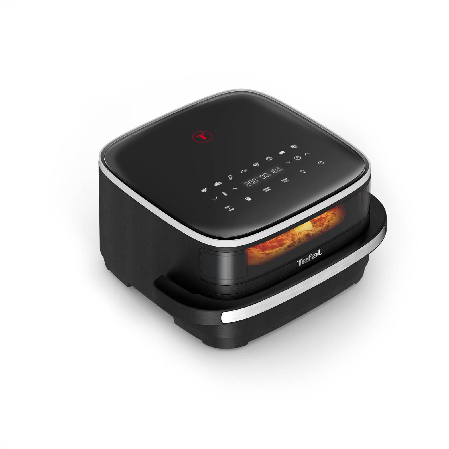 Czarna frytownica powietrzna z wyświetlaczem cyfrowym. Posiada czerwone logo 'T'. Na białym tle.