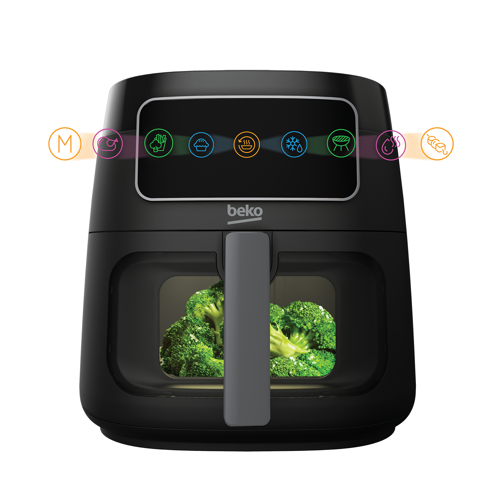 Czarna frytownica powietrzna Beko z brokułami w środku. Wyświetlacz pokazuje opcje jedzenia. Ikony w kolorze.