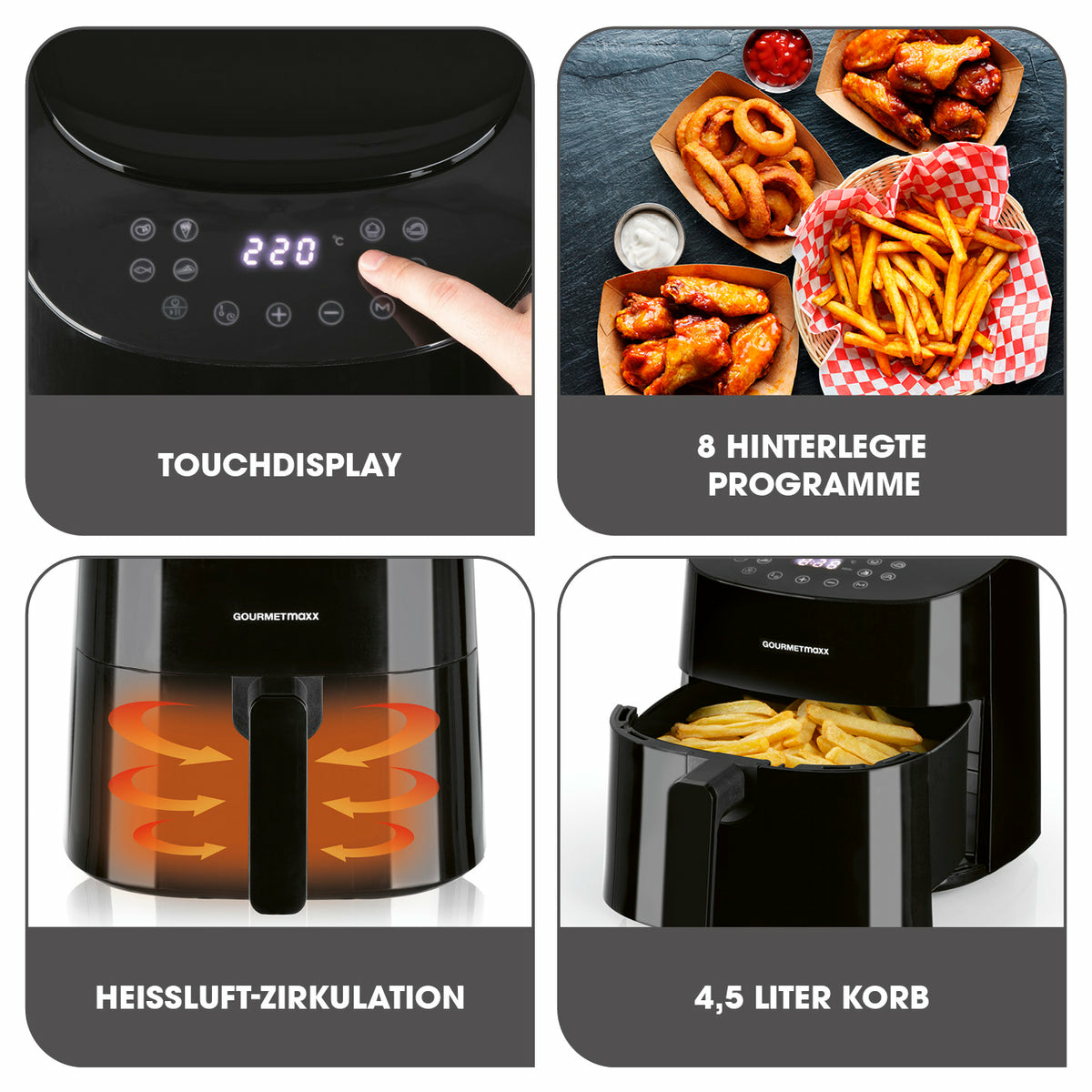 Heißluftfritteuse mit Touch-Display, Einstellungen und Essen. Schwarzes Gerät.