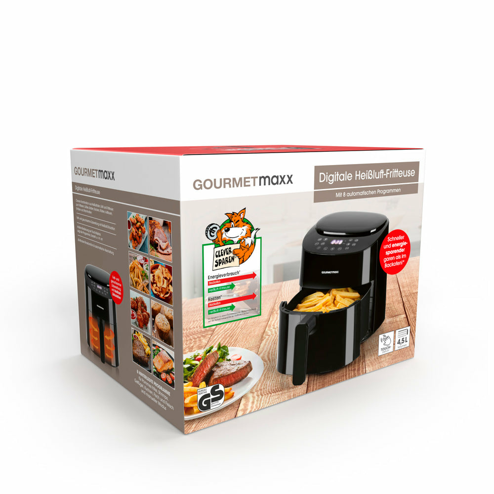 Schachtel für eine digitale Gourmetmaxx Heißluftfritteuse. Zeigt Fritteuse, Essensbilder und Text.