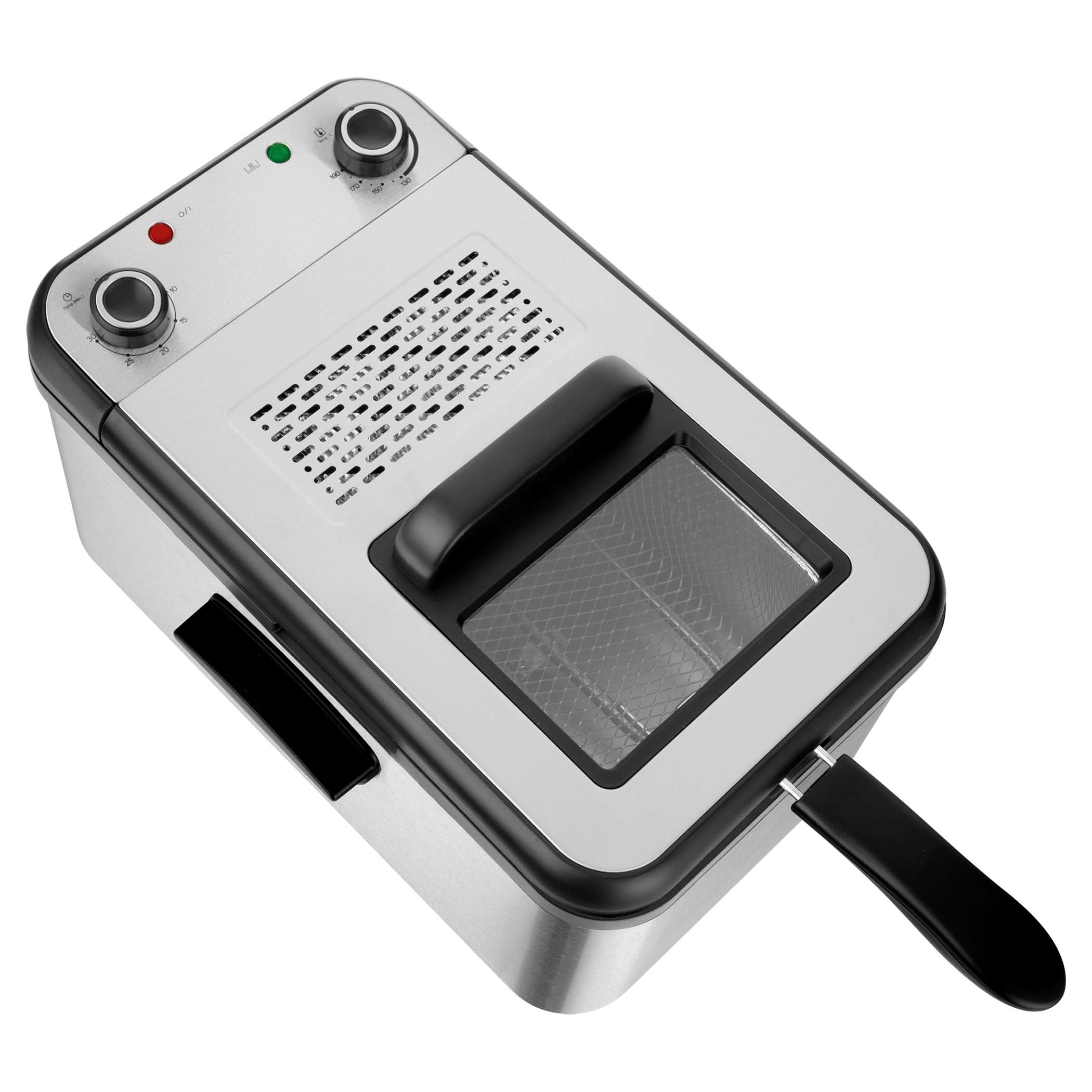 Stainless steel deep fryer, top view, with black handle and controls, isolated on white.
