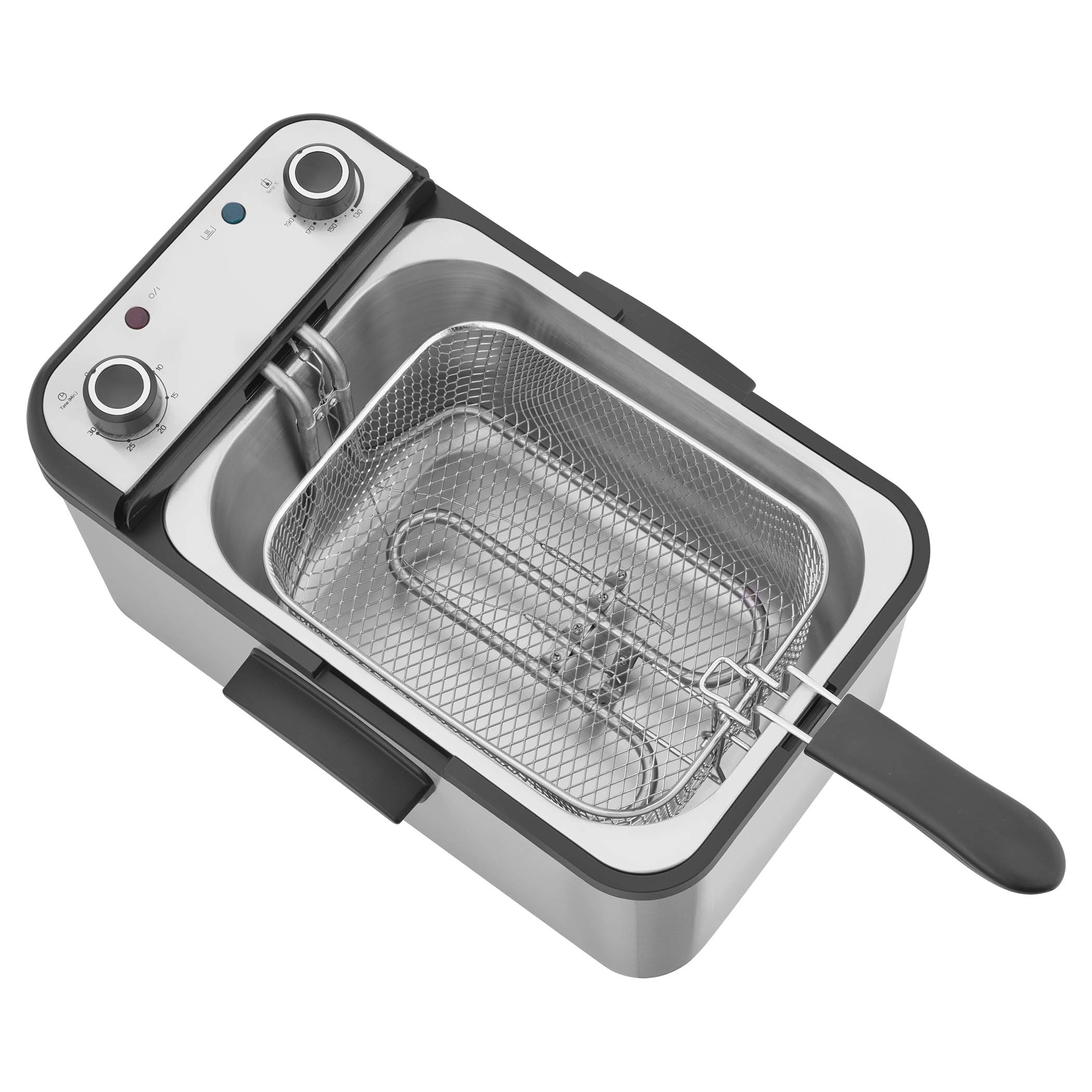 Deep fryer, stainless steel, with a basket inside, handle on top.