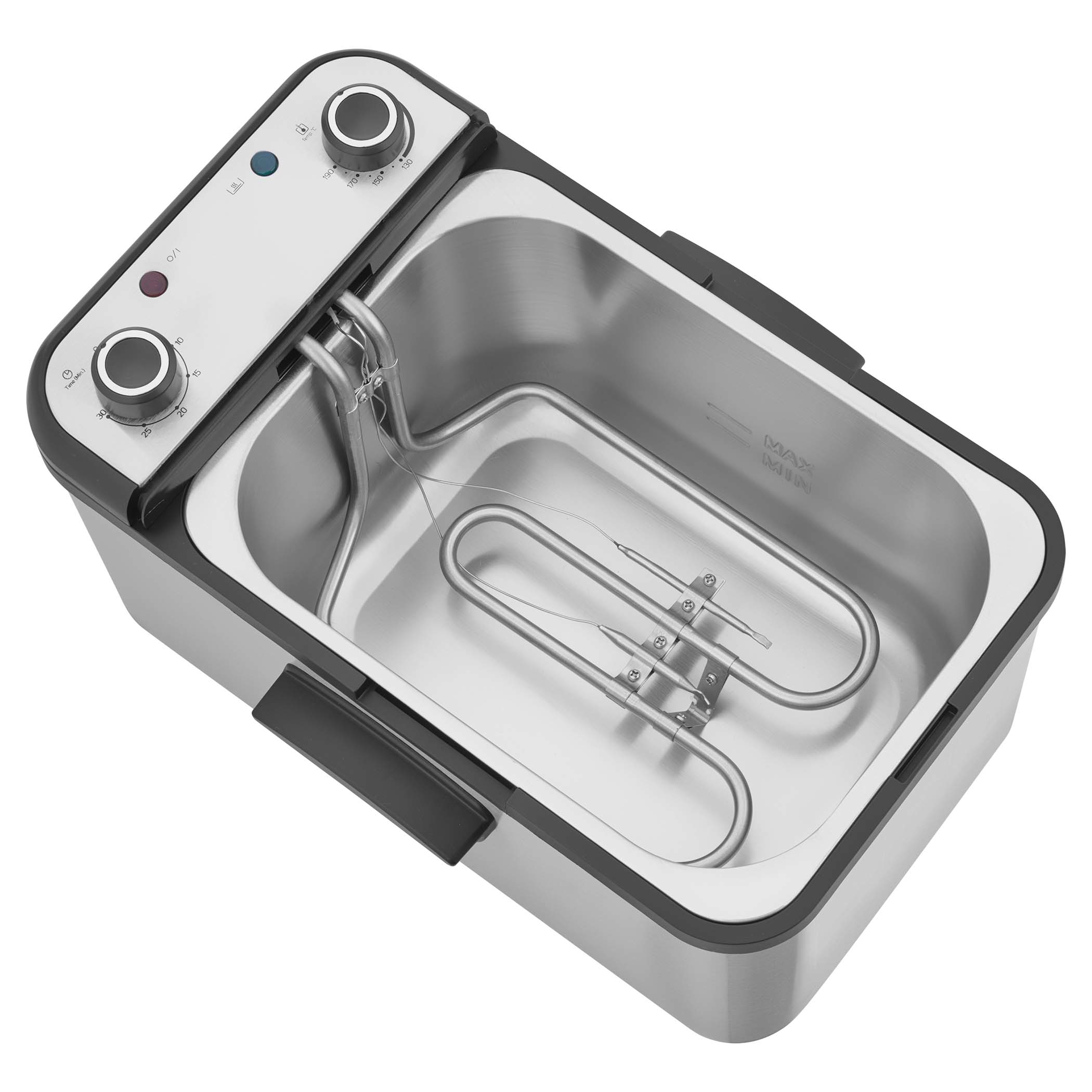 Deep fryer interior, stainless steel with heating element, black handles and controls, white background.