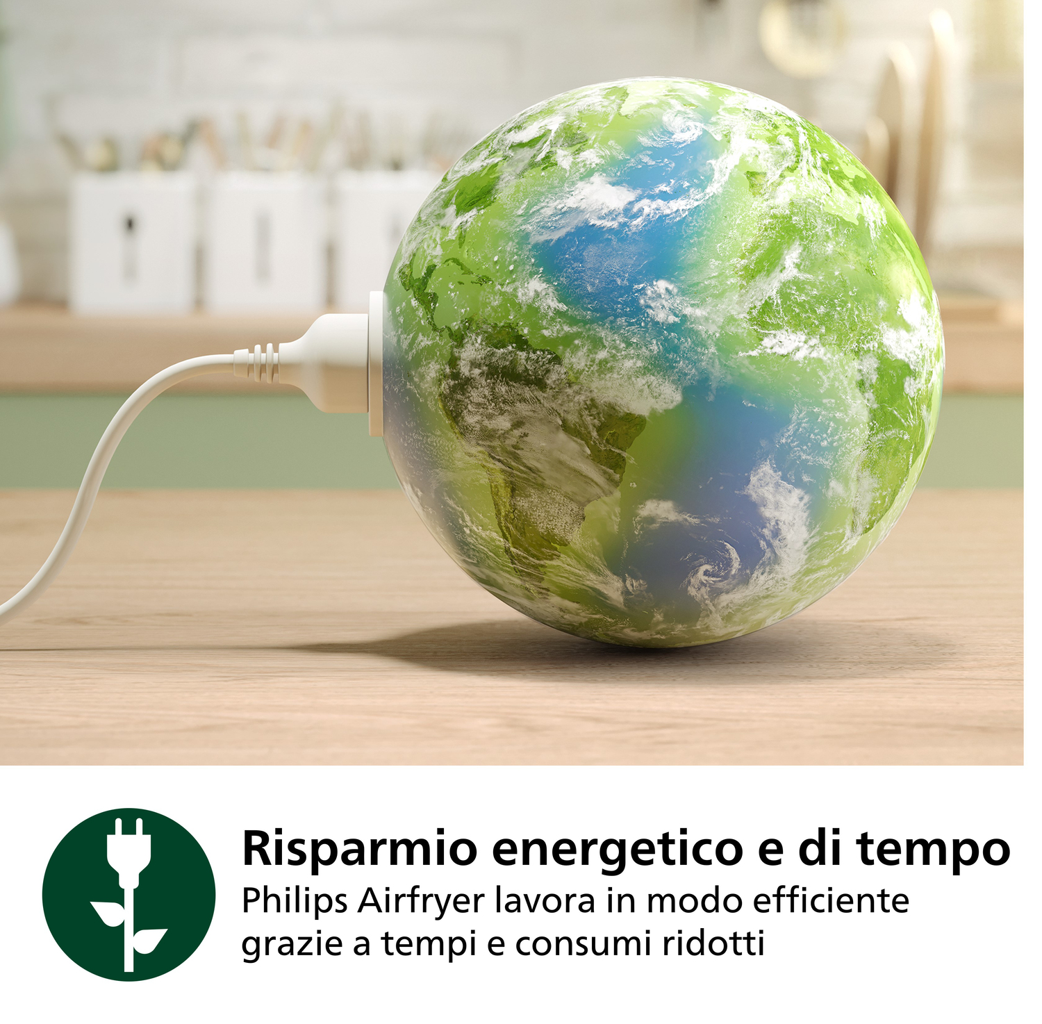 Globus podłączony do gniazdka, symbolizujący oszczędność energii.