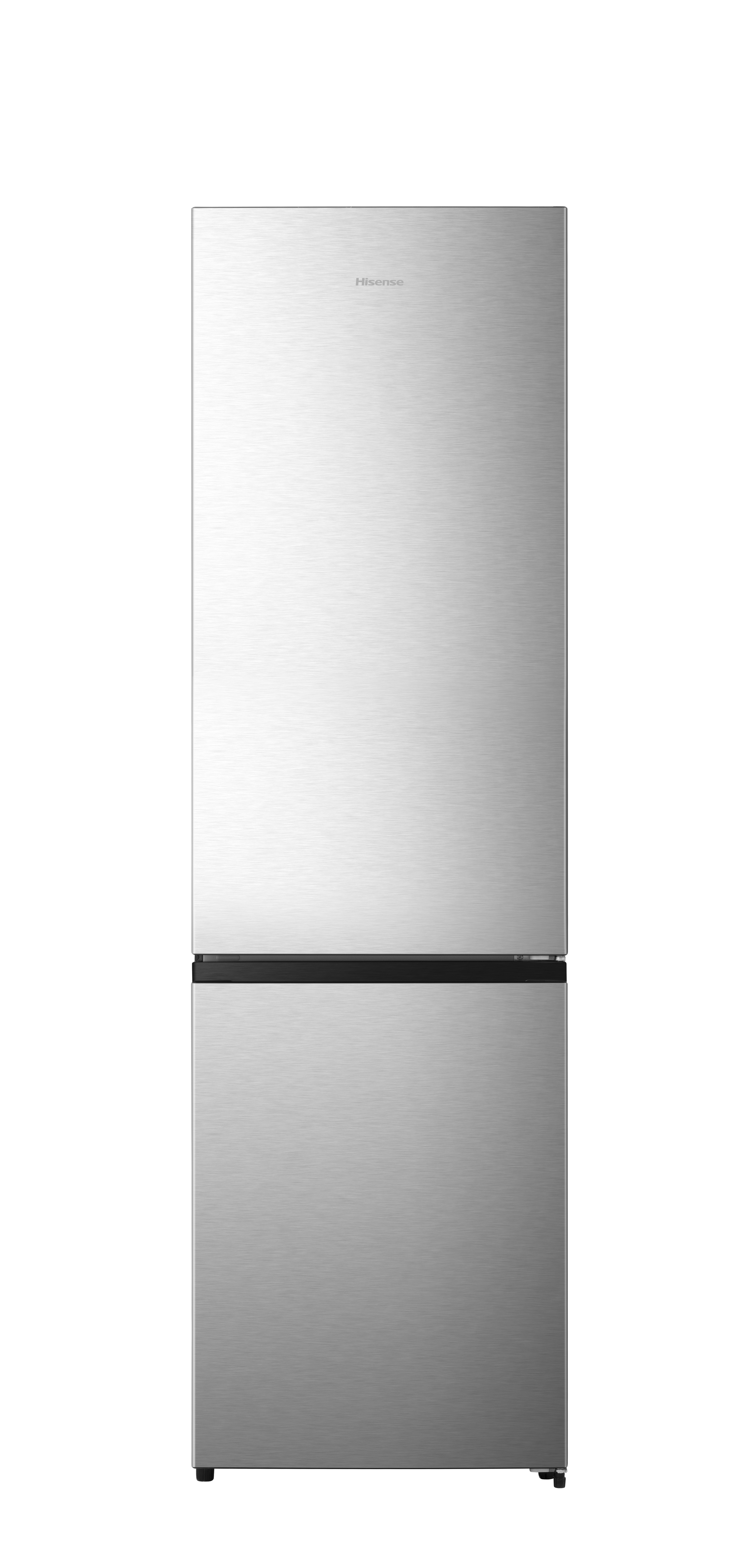 Frigorifero Hisense argento con design a due porte, in piedi su sfondo bianco.