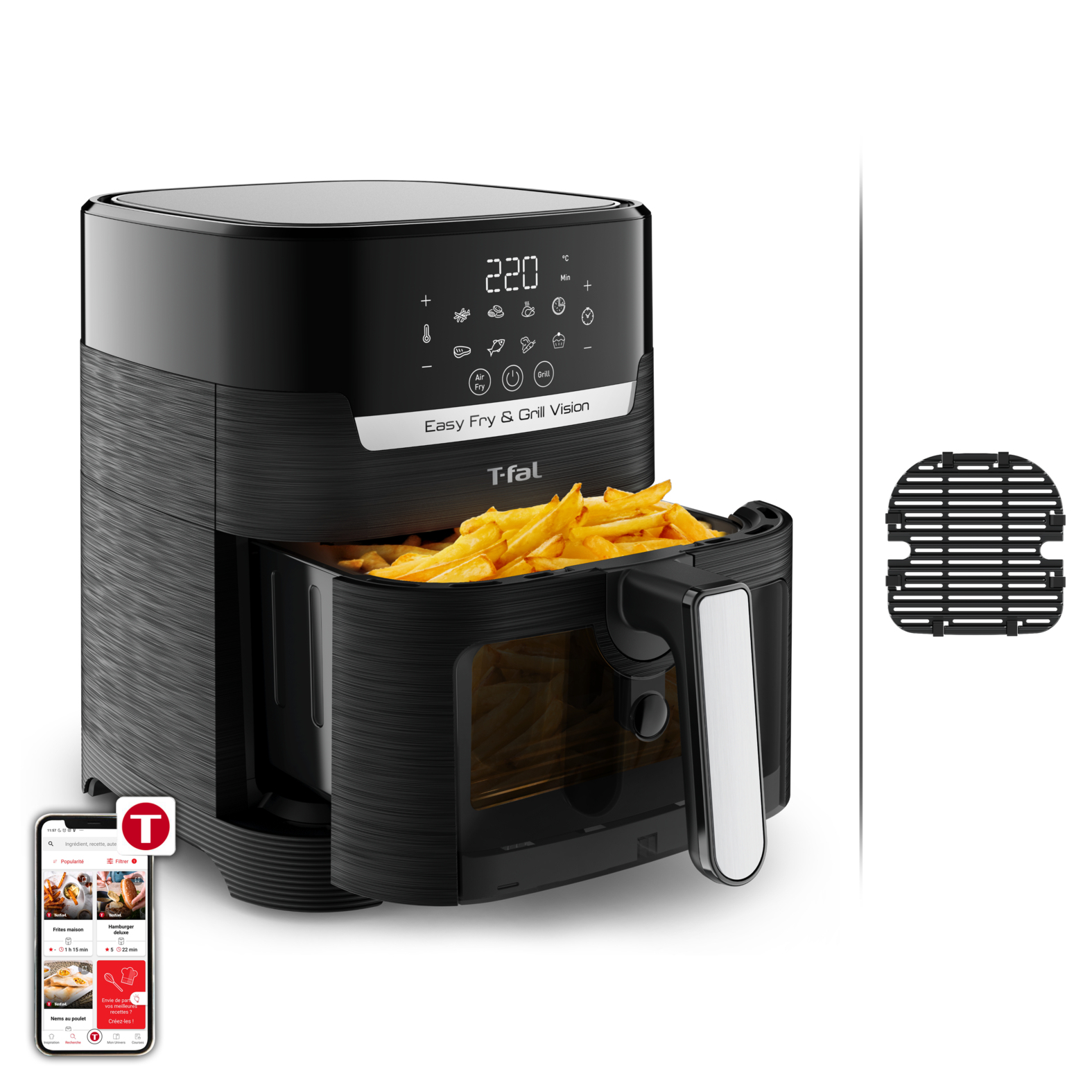 Schwarze Heißluftfritteuse mit Pommes im Korb, App auf dem Telefon und Grillplatte.