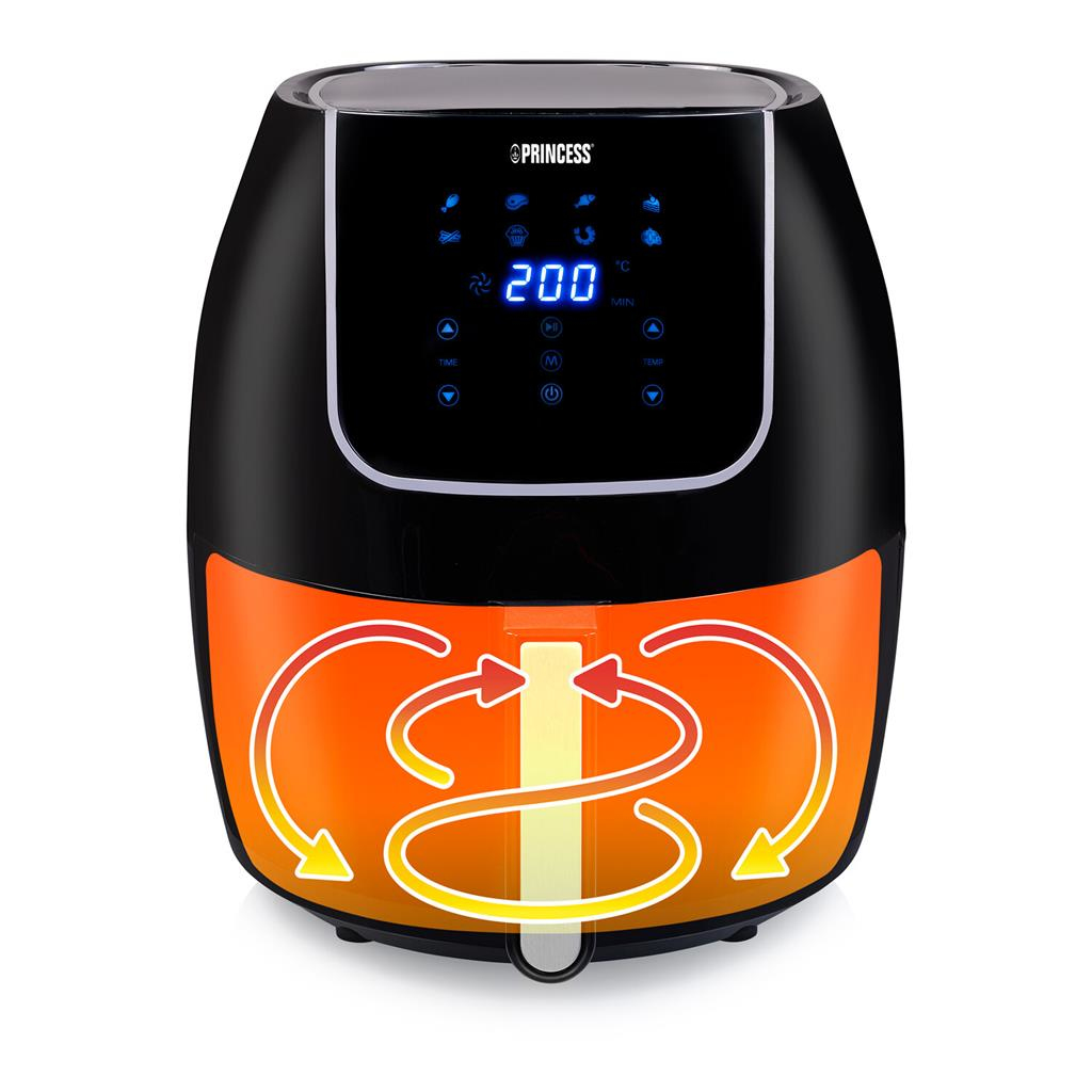 Friggitrice ad aria Princess nera e arancione con display digitale a 200 gradi.