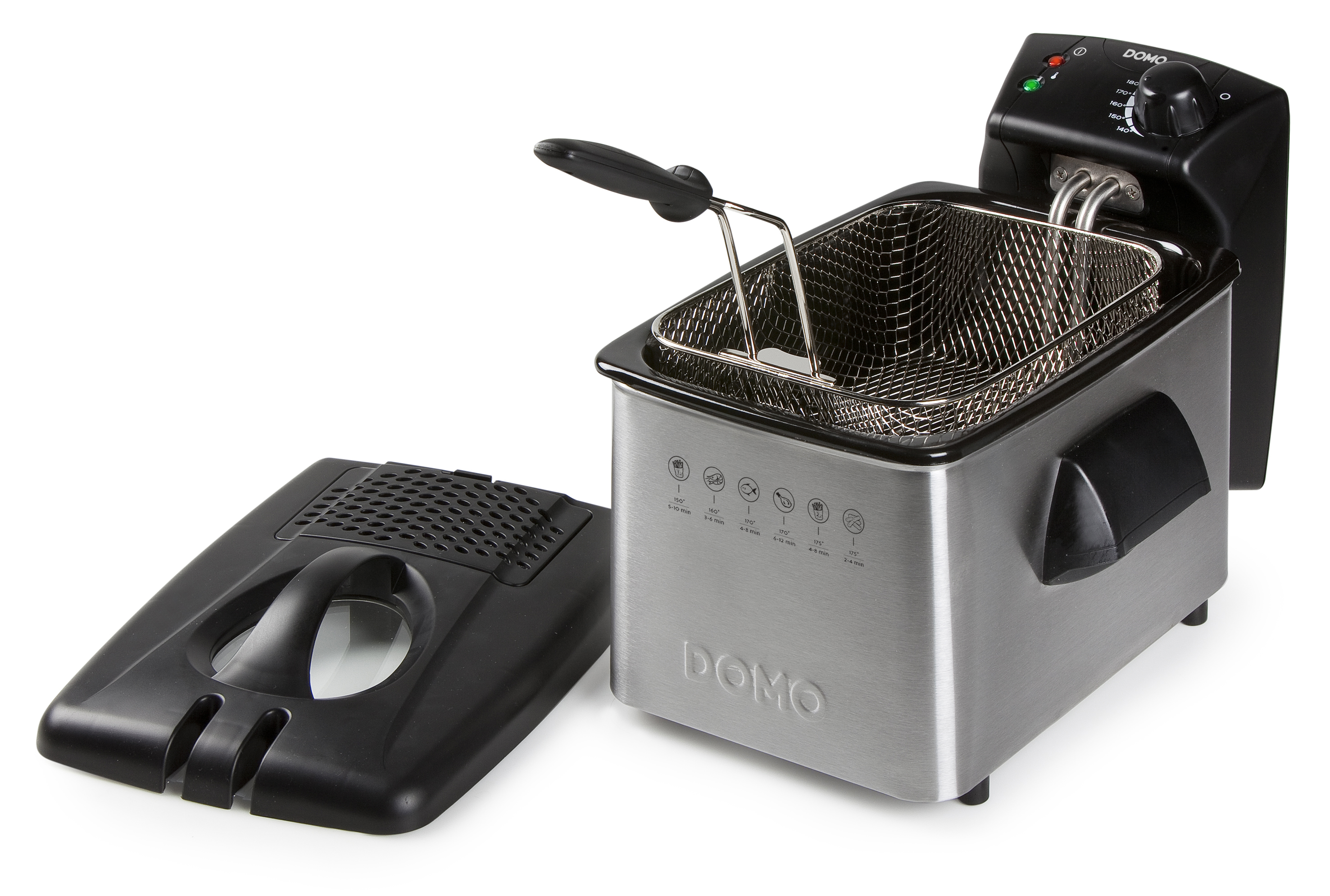 Frytownica z koszem w środku. Pokrywa po lewej stronie. Panel sterowania po prawej stronie.